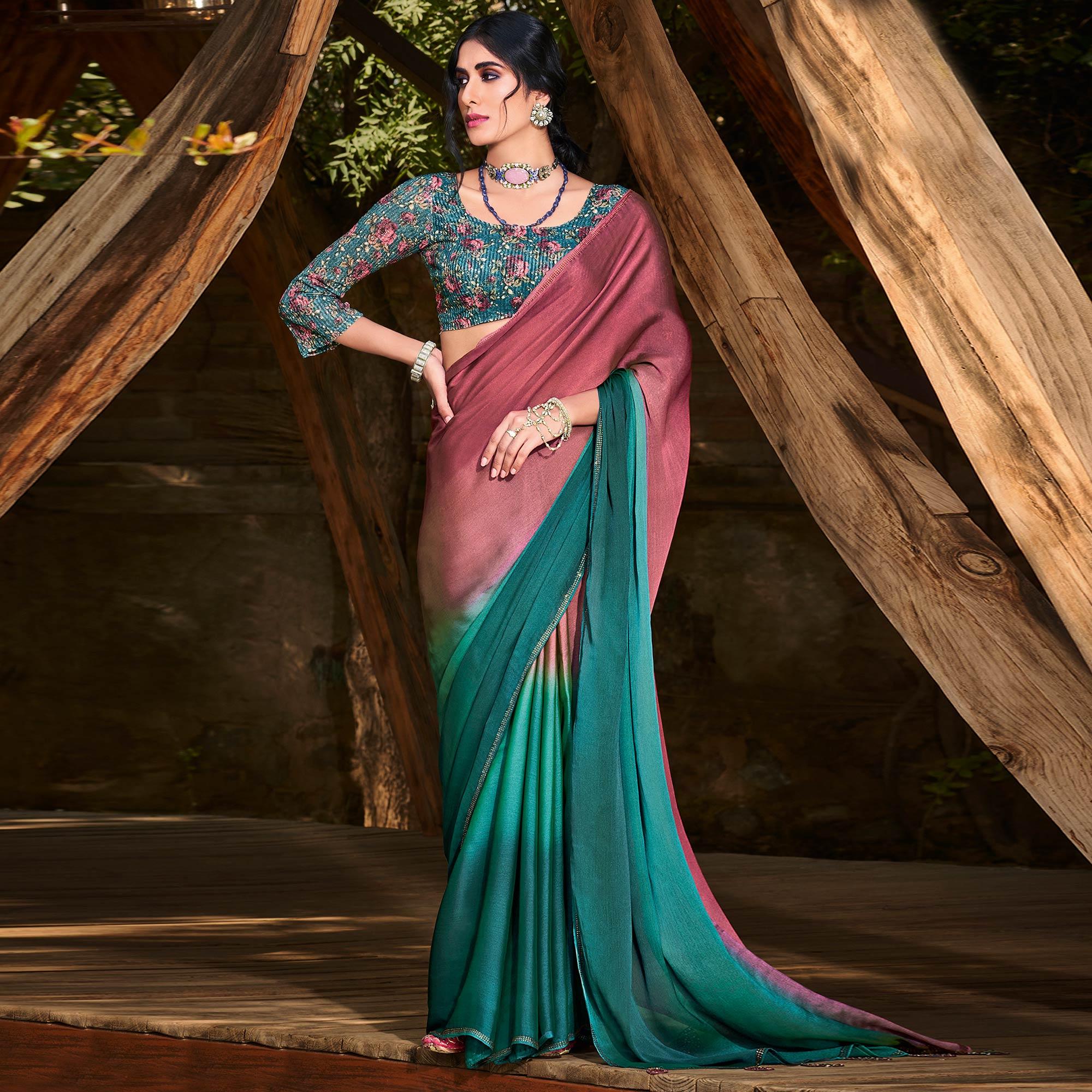 Pink-Green Solid Chiffon Saree - Peachmode