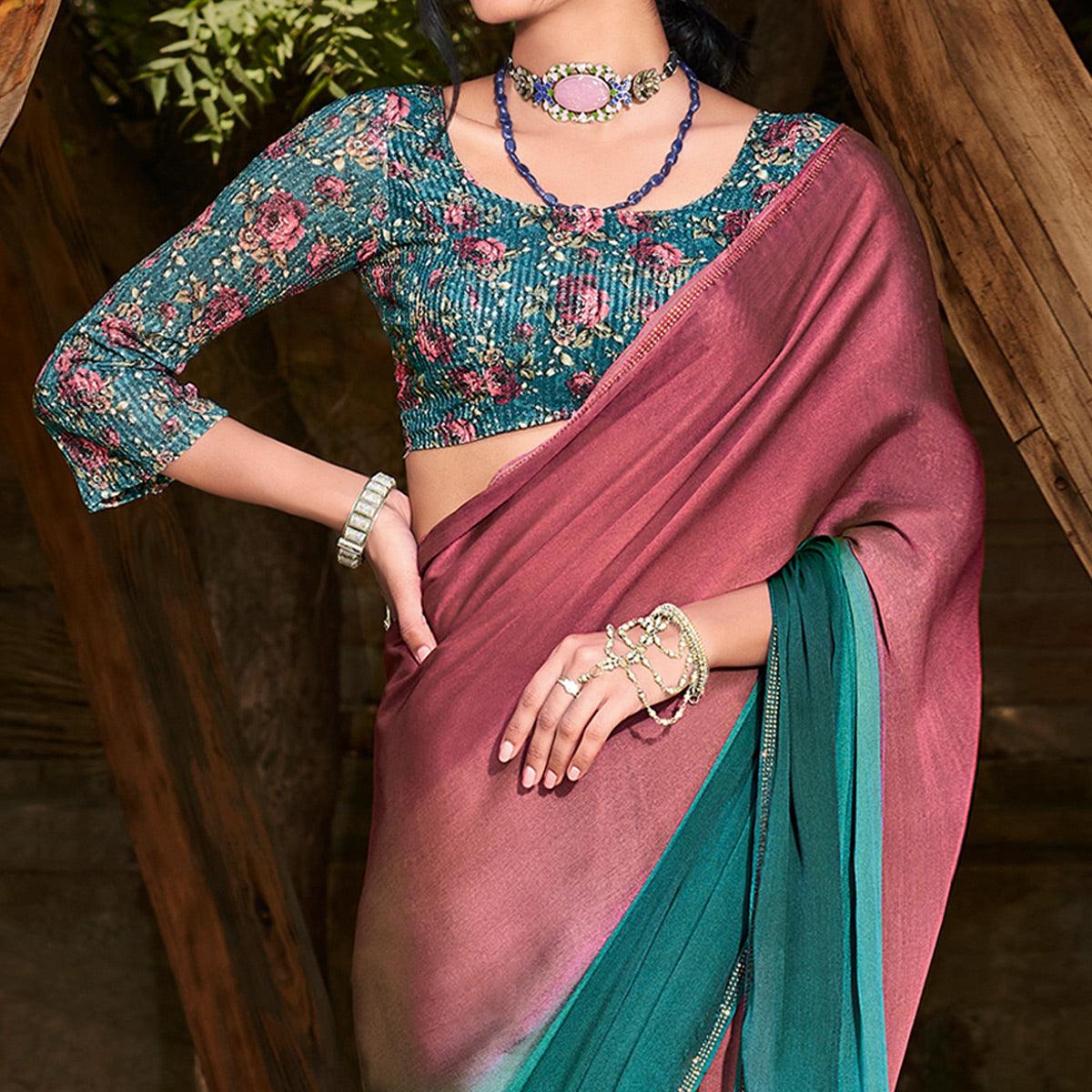 Pink-Green Solid Chiffon Saree - Peachmode