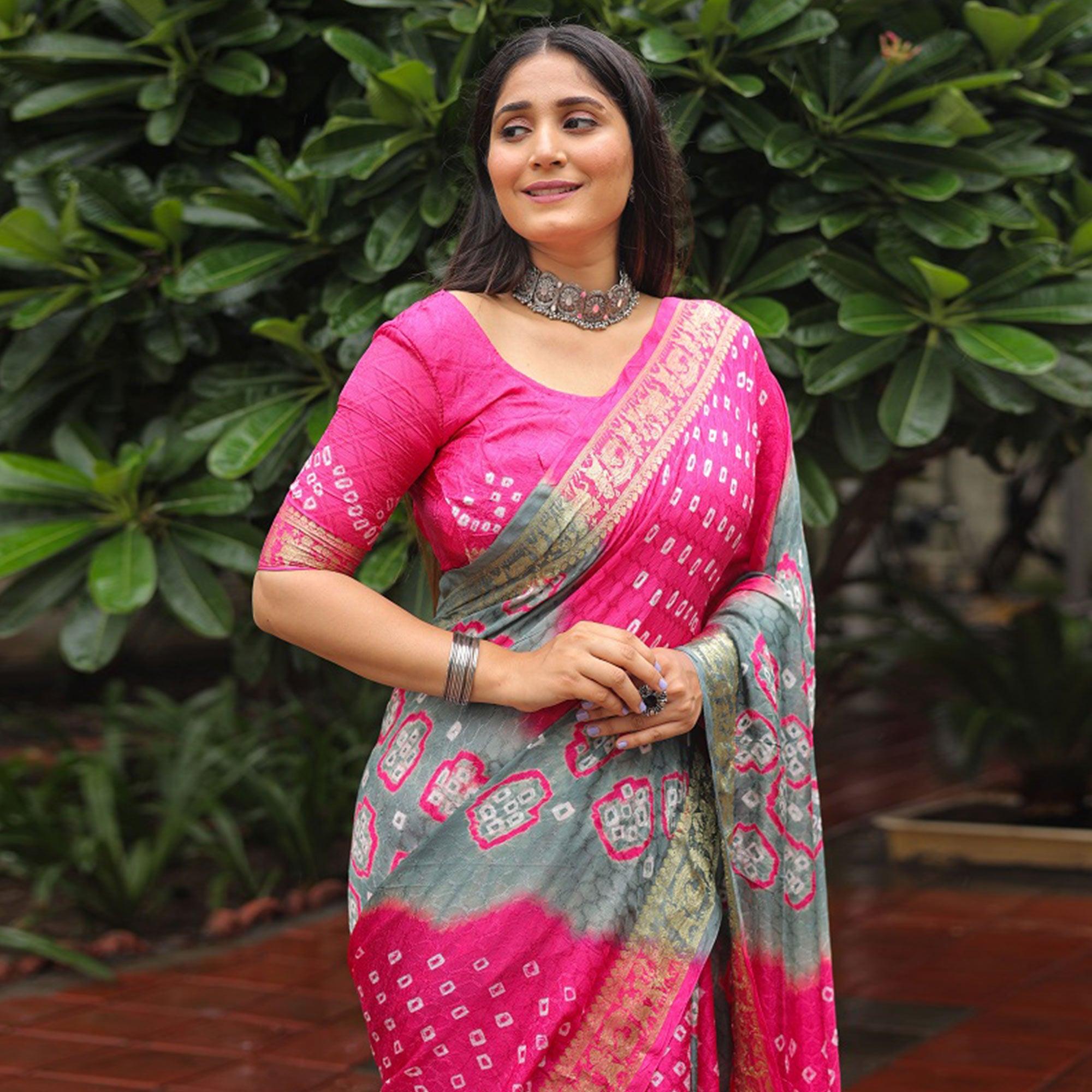 Pink-Grey Bandhani Printed With Woven Border Art Silk Saree - Peachmode