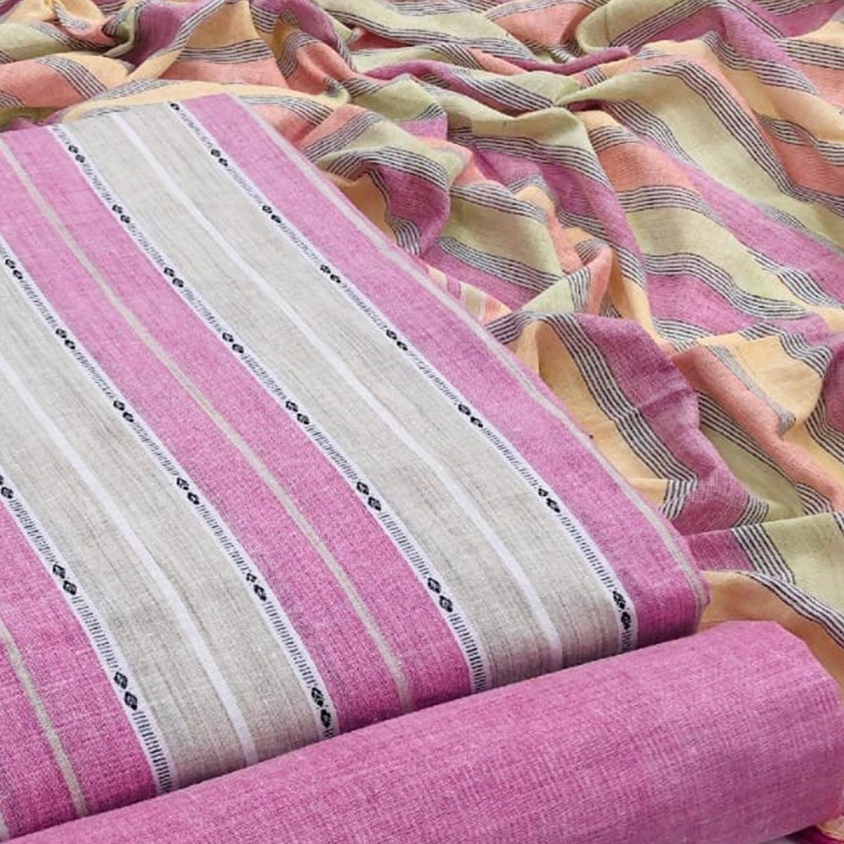 Pink-Grey Embroidered Pure Cotton Dress Material - Peachmode