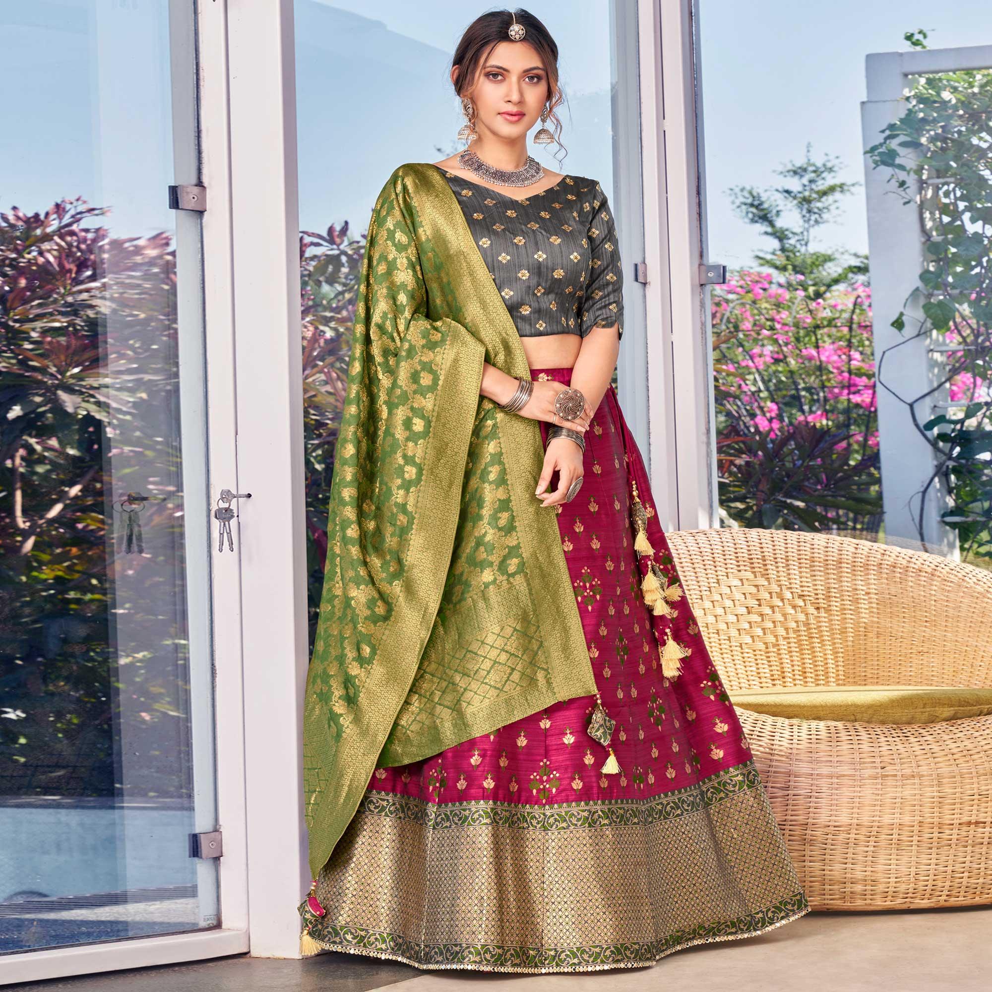 Pink-Grey Festive Wear Embroidery With Woven Silk Lehenga Choli - Peachmode