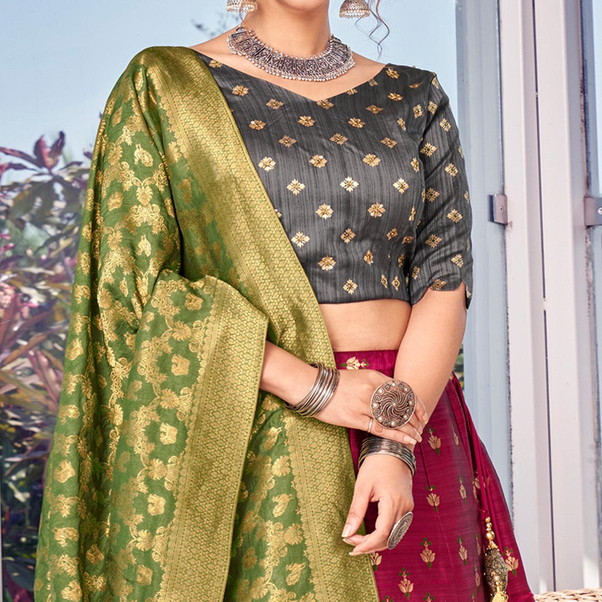 Pink-Grey Festive Wear Embroidery With Woven Silk Lehenga Choli - Peachmode