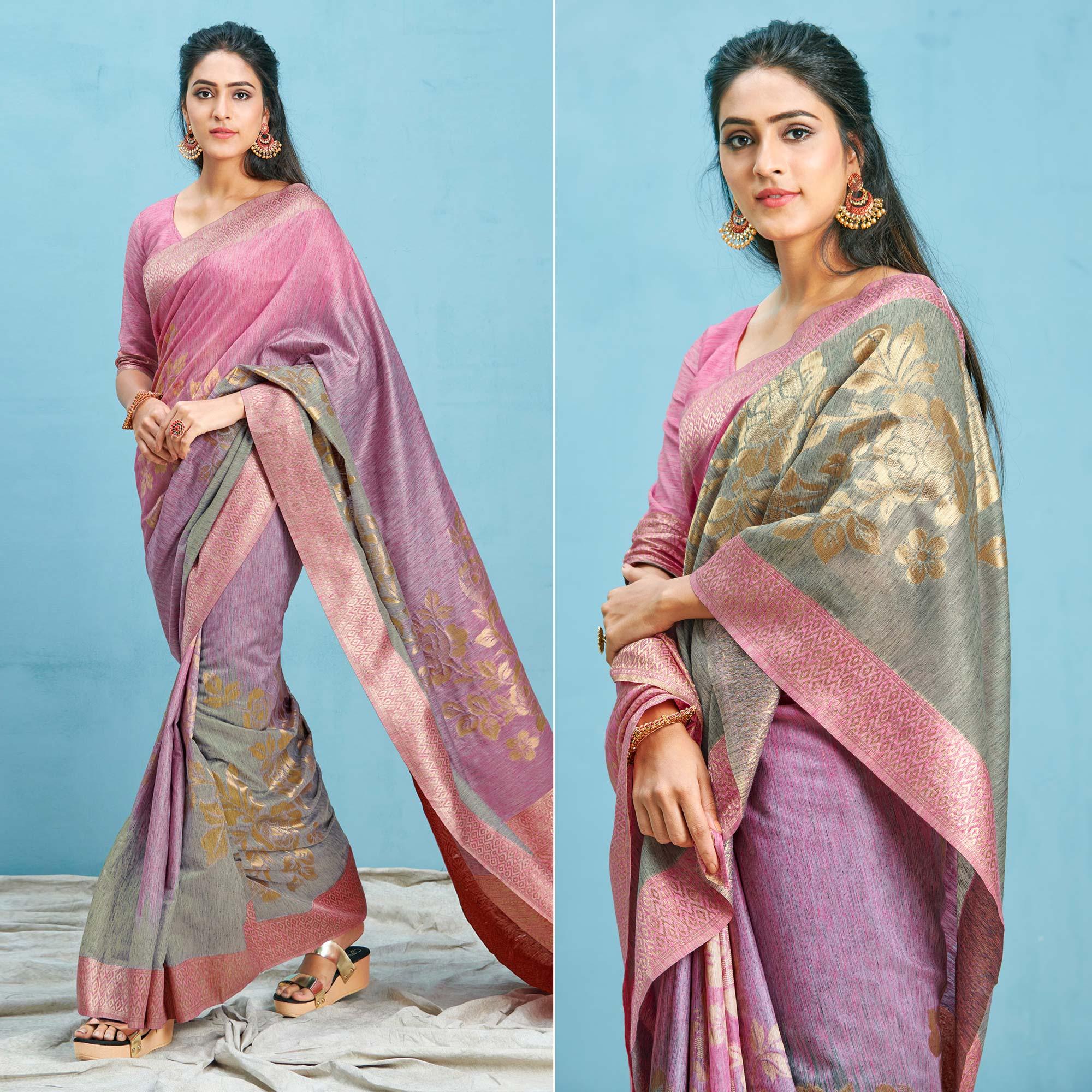 Pink-Grey Woven Art Silk Saree - Peachmode
