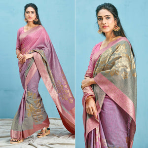 Pink-Grey Woven Art Silk Saree - Peachmode