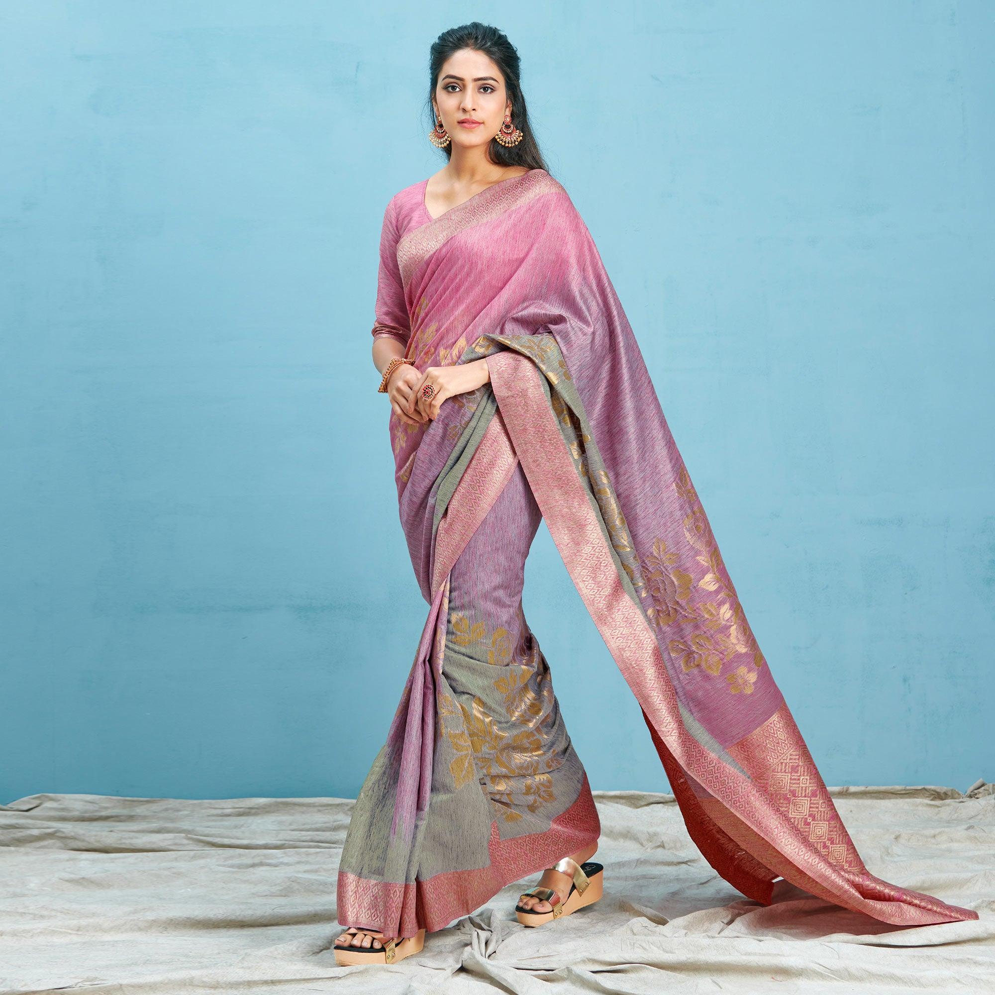Pink-Grey Woven Art Silk Saree - Peachmode