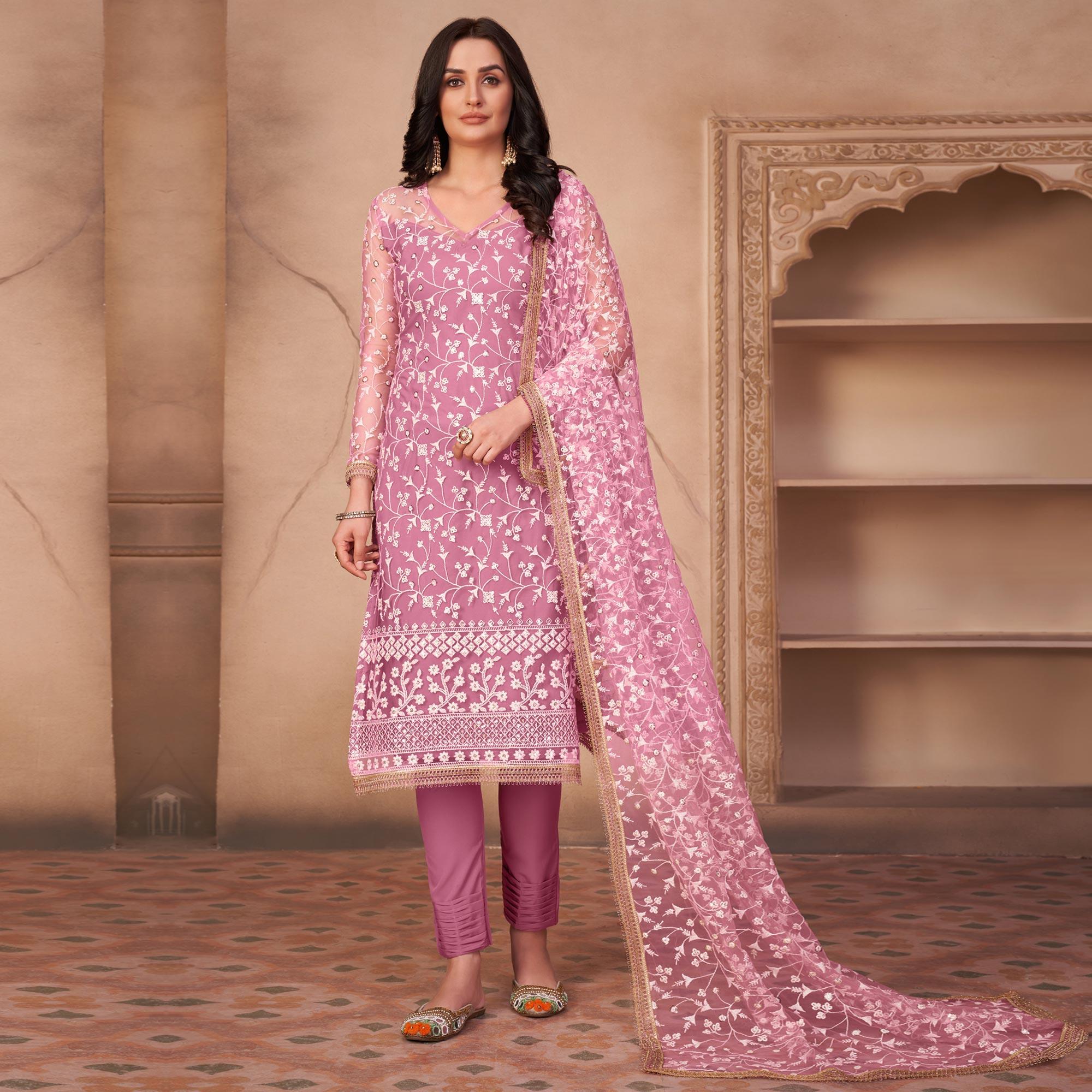 Pink Heavy Sequence Embroidered Net Partywear Suit - Peachmode