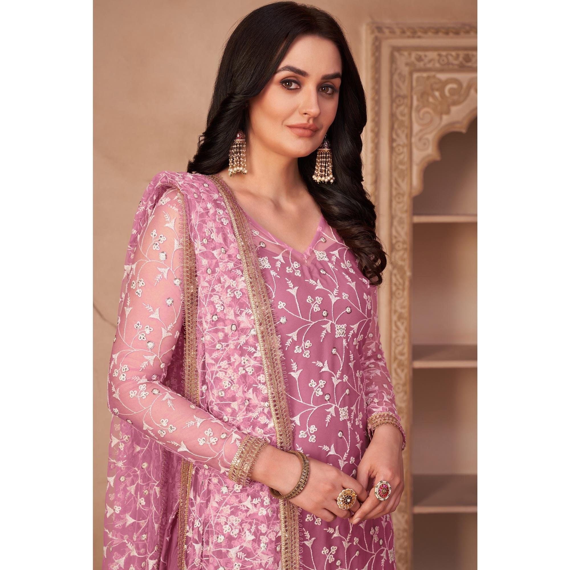 Pink Heavy Sequence Embroidered Net Partywear Suit - Peachmode