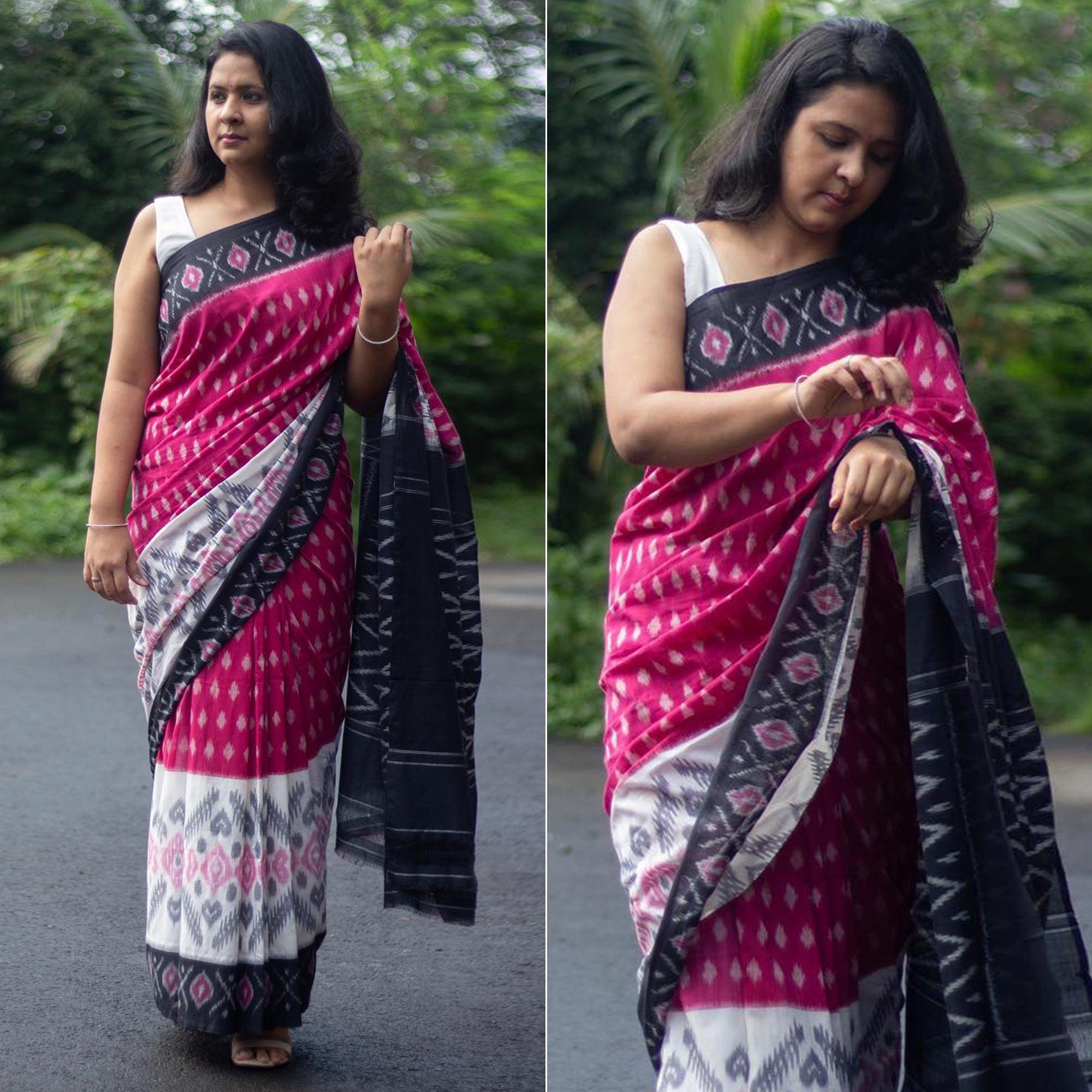Pink Ikkat Printed Linen Saree - Peachmode