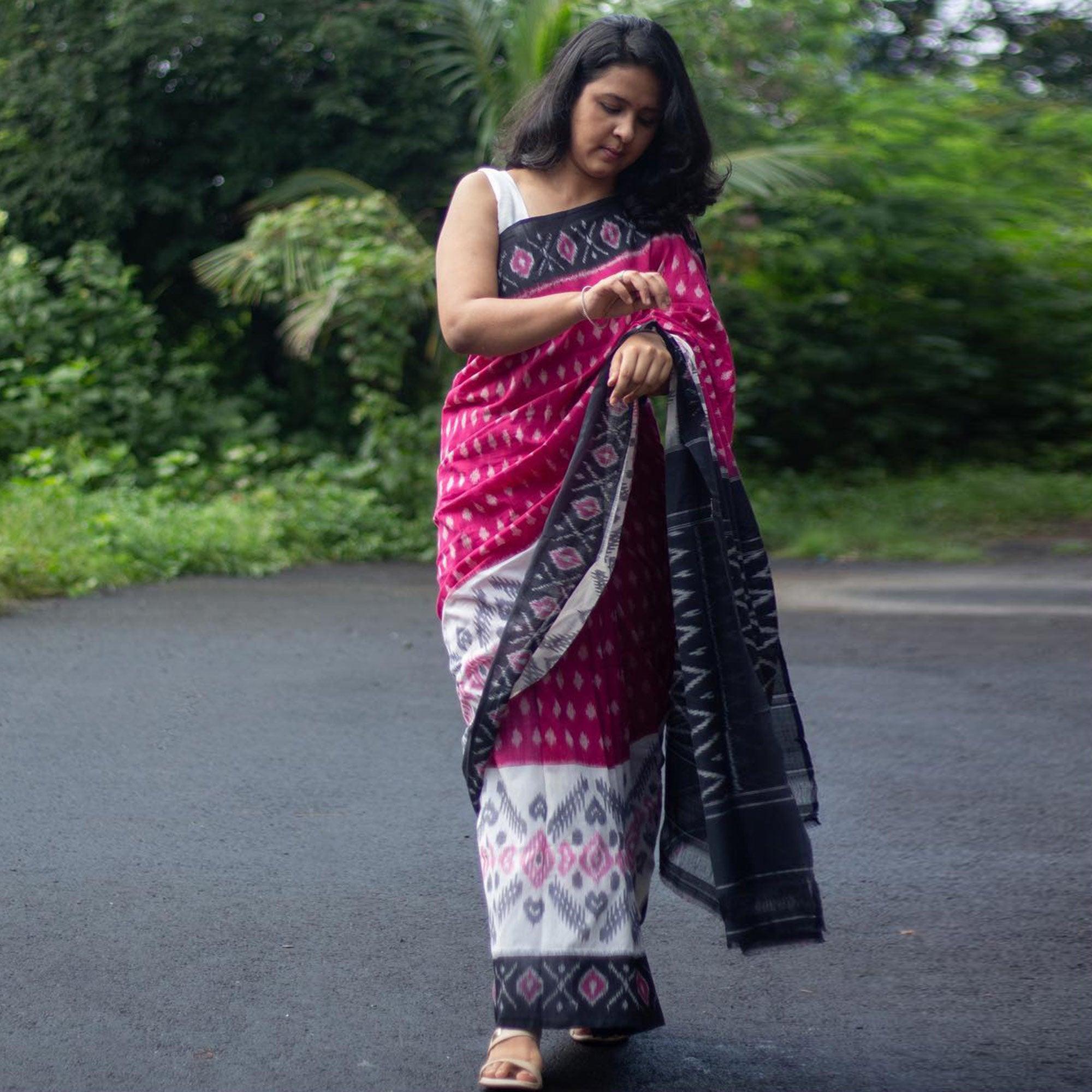 Pink Ikkat Printed Linen Saree - Peachmode