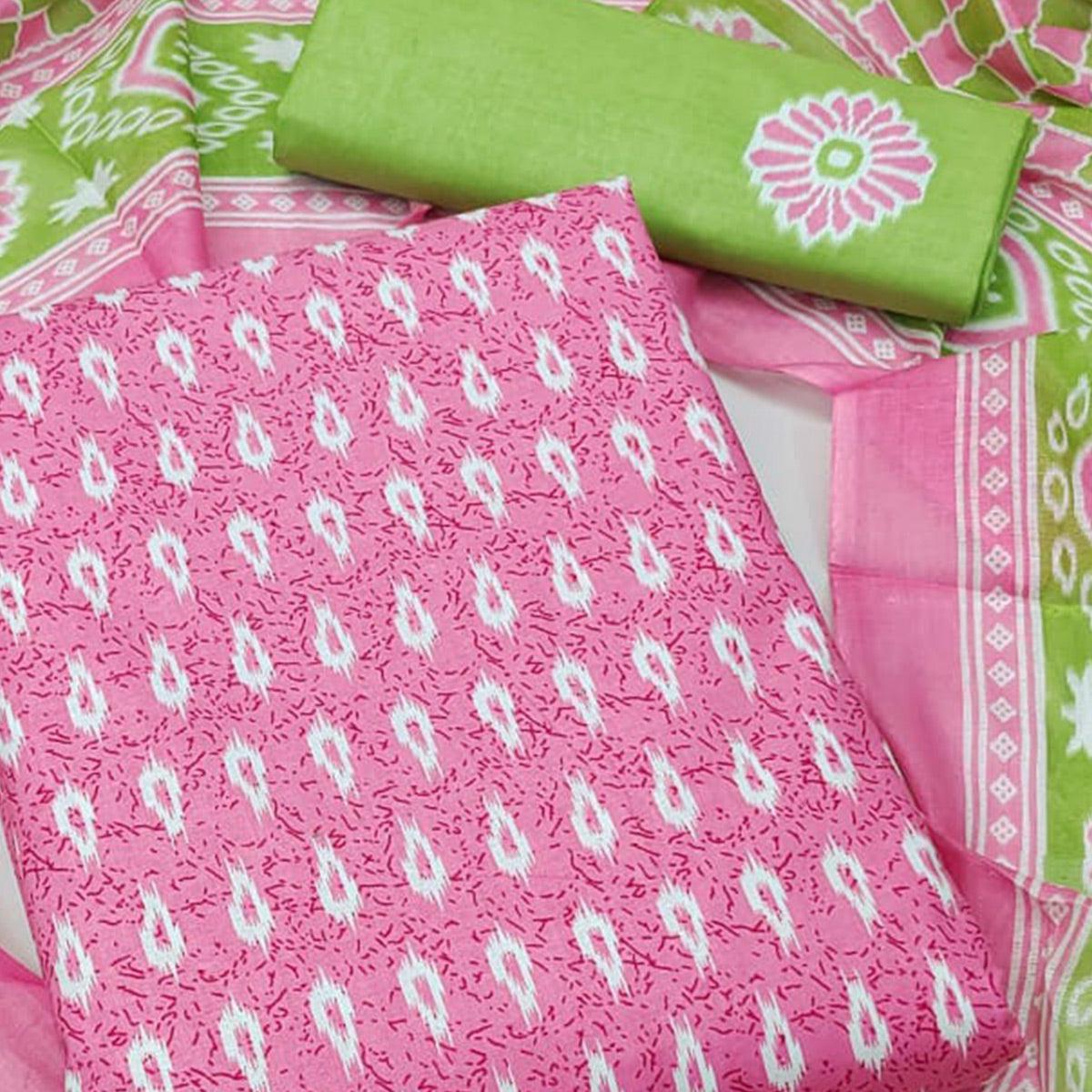 Pink Ikkat Printed Pure Cotton Dress Material - Peachmode