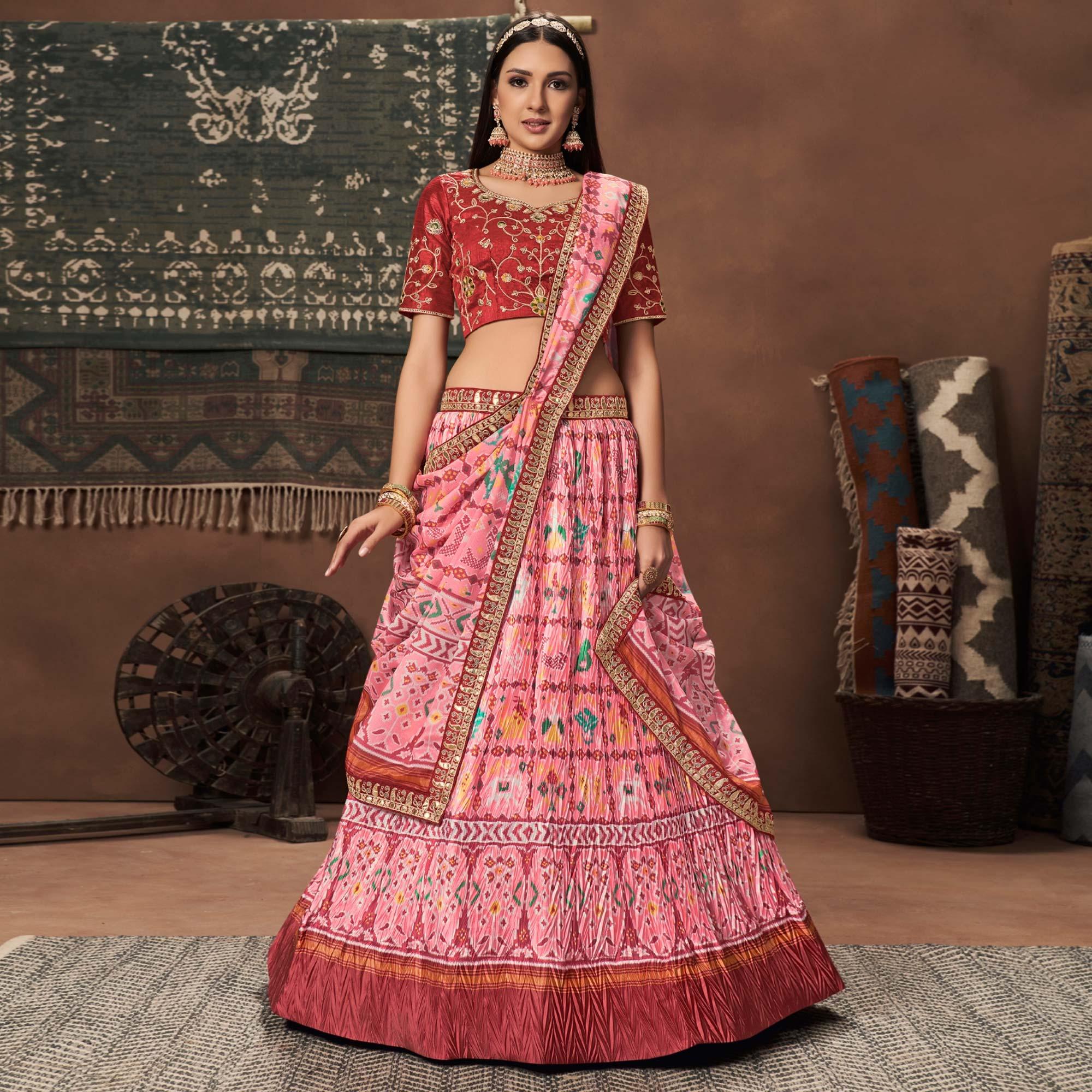 Pink Kalamkari Printed Art Silk Lehenga Choli - Peachmode