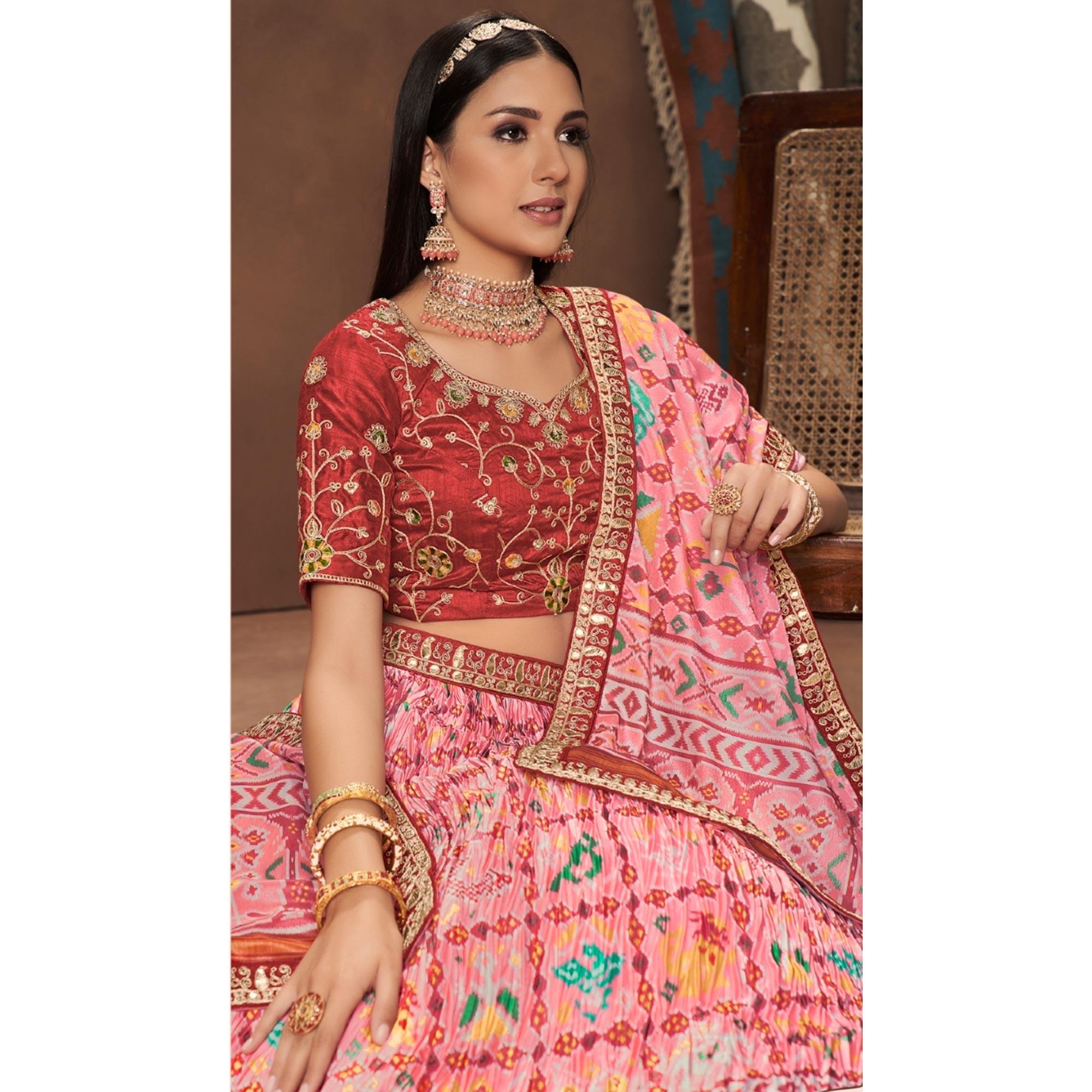 Pink Kalamkari Printed Art Silk Lehenga Choli - Peachmode