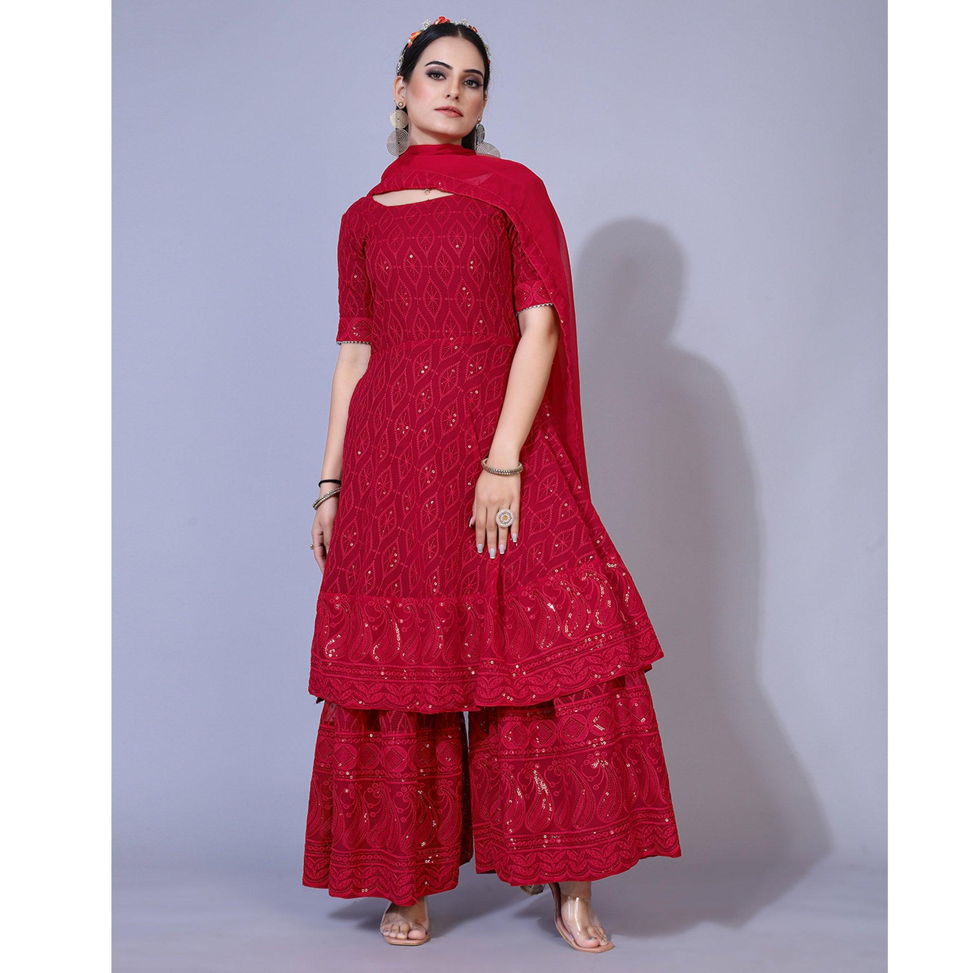 Pink Lucknowi Chikankari Work Georgette Sharara Suit - Peachmode