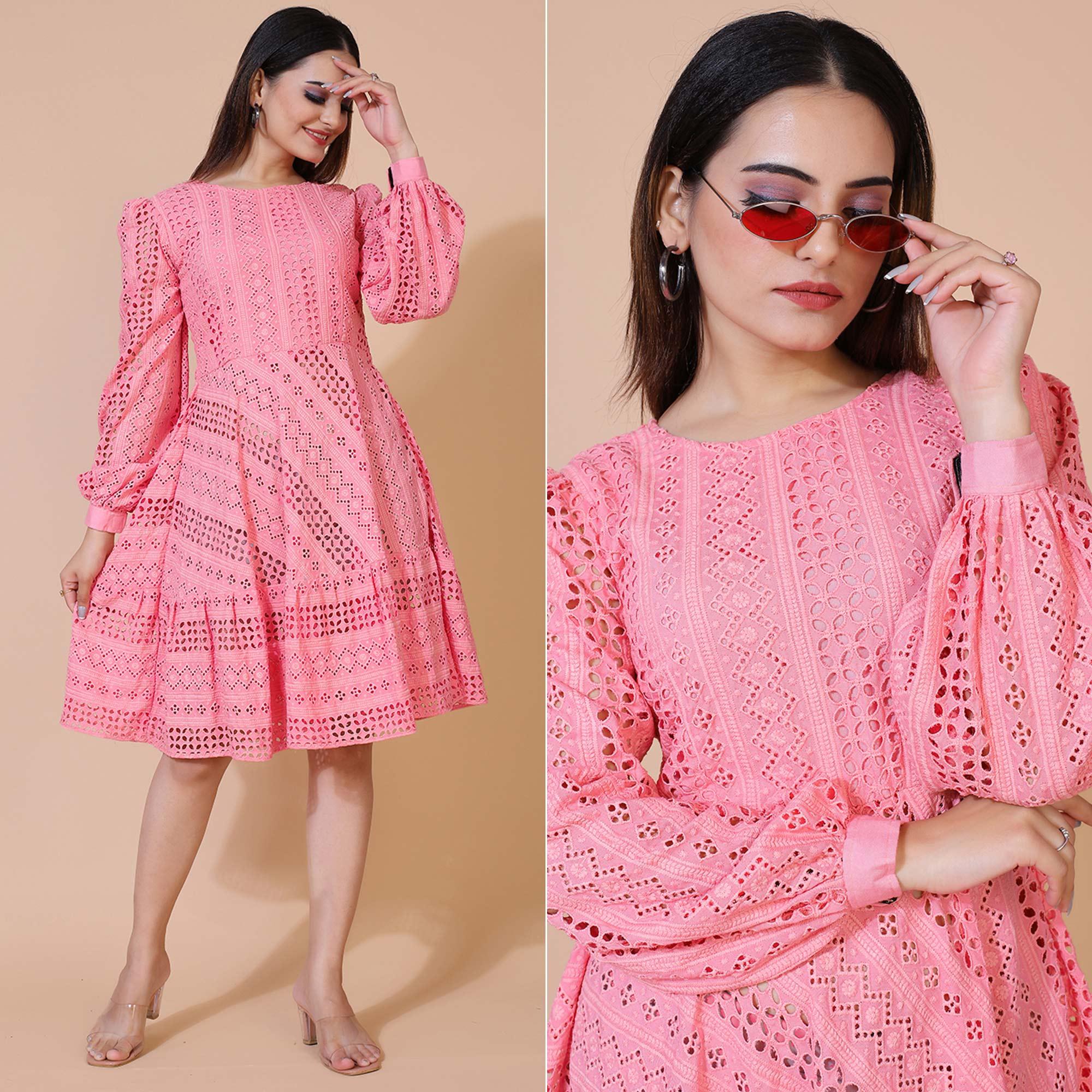 Pink Lucknowi Chikankari Work Rayon Western Dress - Peachmode