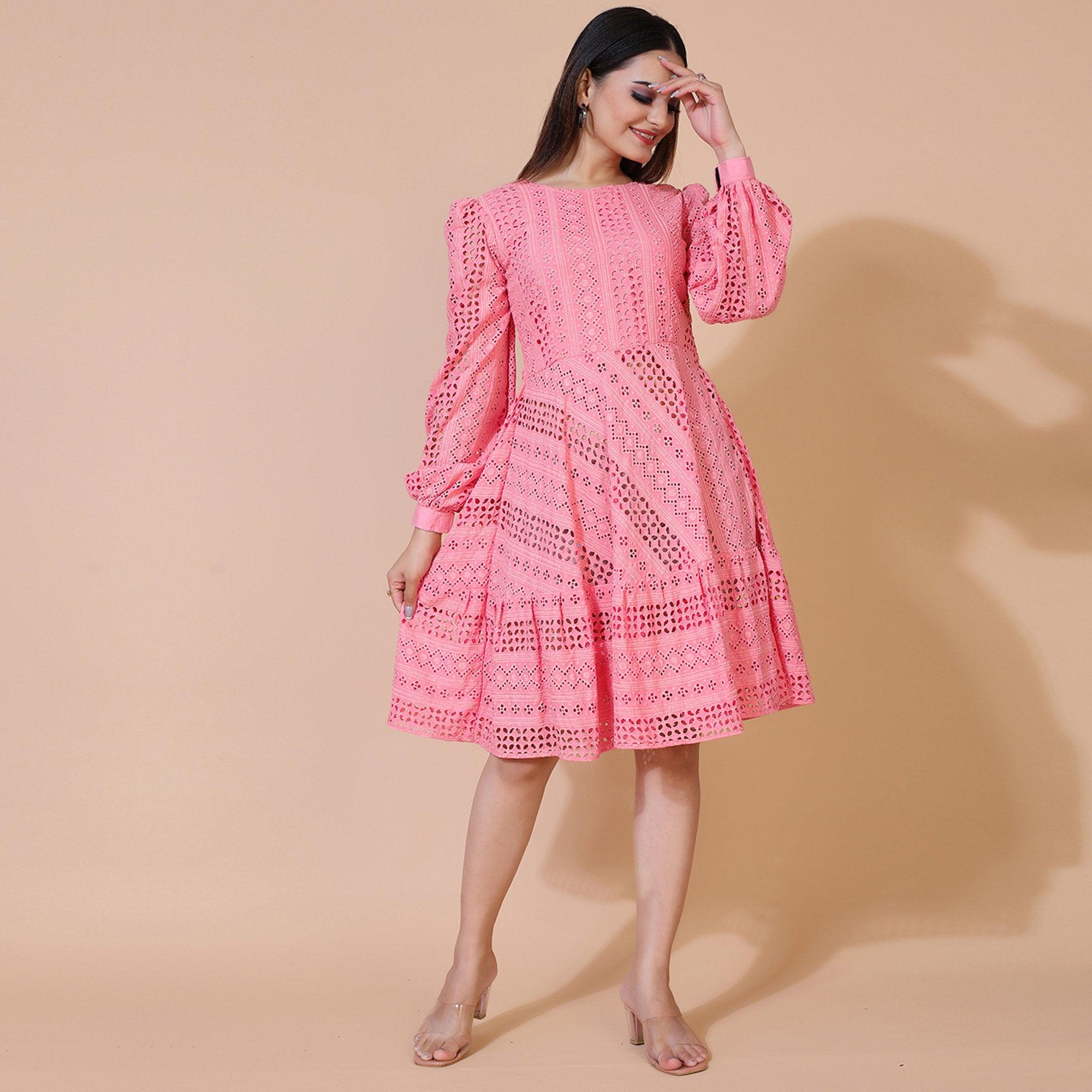 Pink Lucknowi Chikankari Work Rayon Western Dress - Peachmode