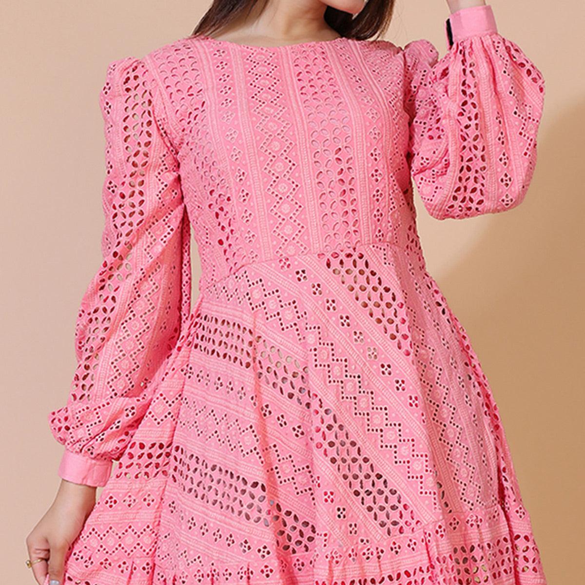 Pink Lucknowi Chikankari Work Rayon Western Dress - Peachmode