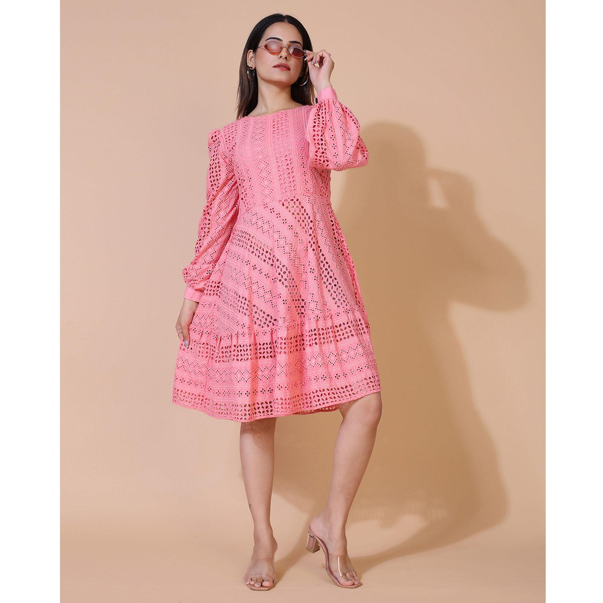 Pink Lucknowi Chikankari Work Rayon Western Dress - Peachmode