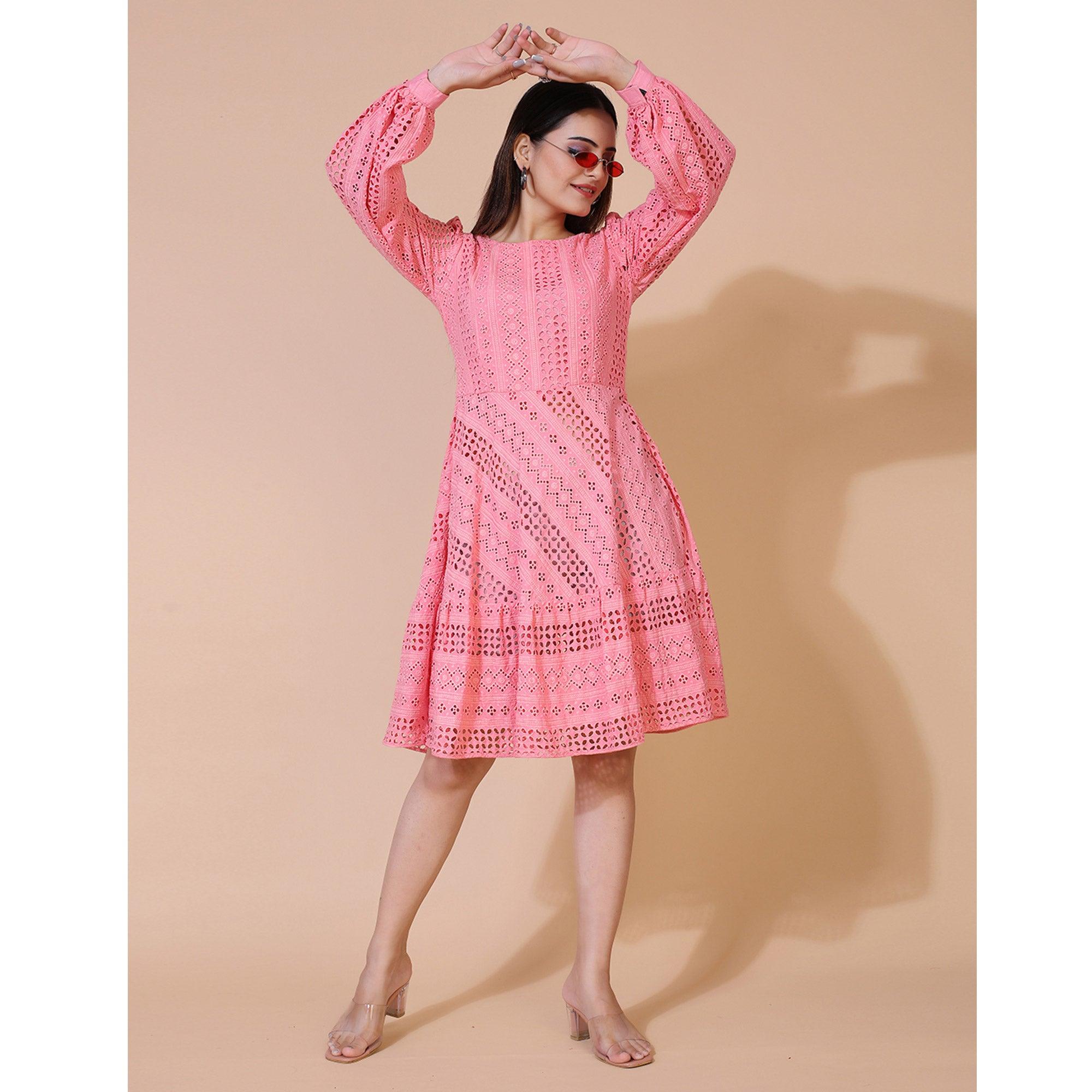 Pink Lucknowi Chikankari Work Rayon Western Dress - Peachmode