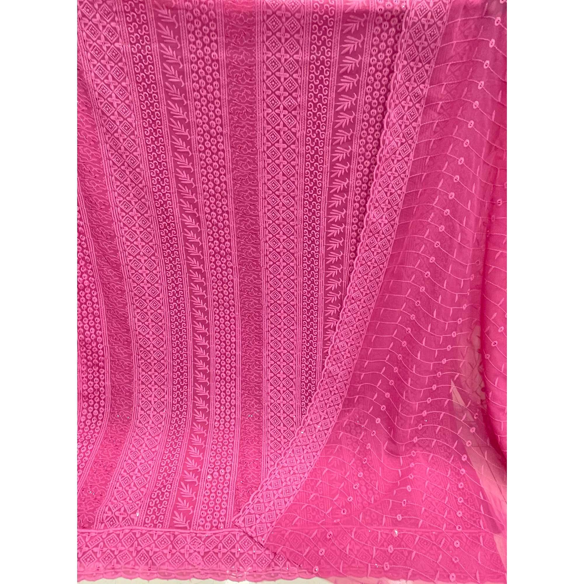 Pink Lucknowi Embroidered Georgette Dress Material - Peachmode
