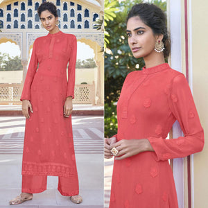 Pink Lucknowi Embroidered Georgette Kurti Palazzo Set - Peachmode