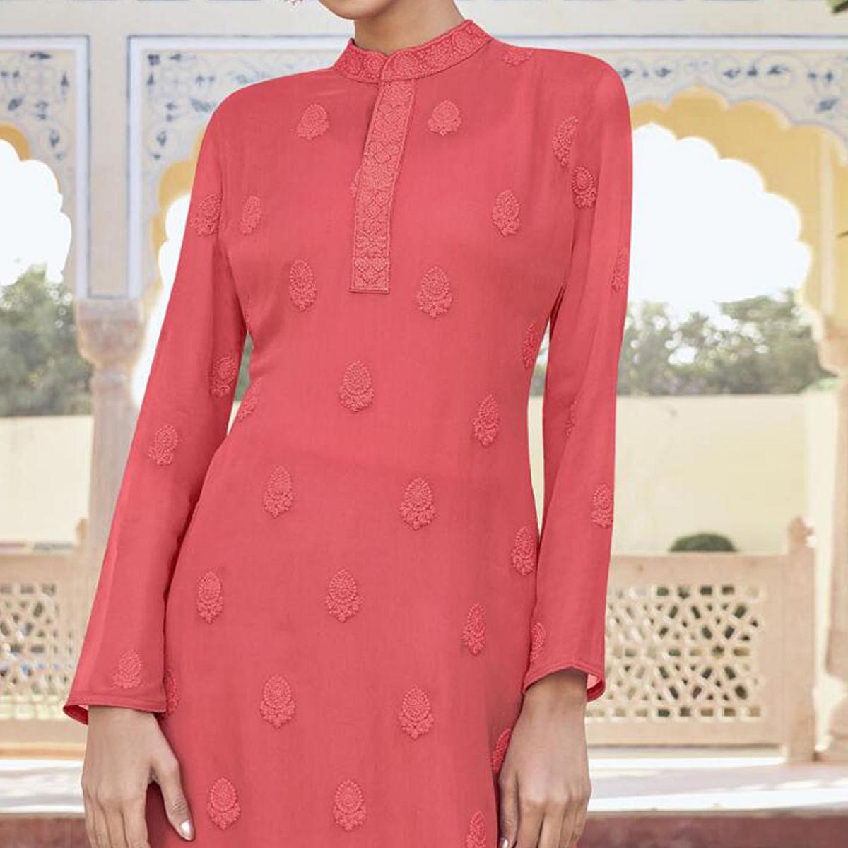 Pink Lucknowi Embroidered Georgette Kurti Palazzo Set - Peachmode