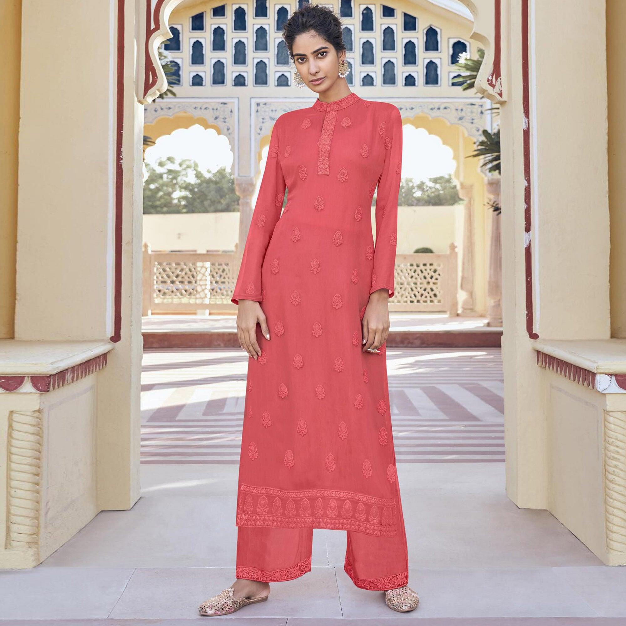 Pink Lucknowi Embroidered Georgette Kurti Palazzo Set - Peachmode