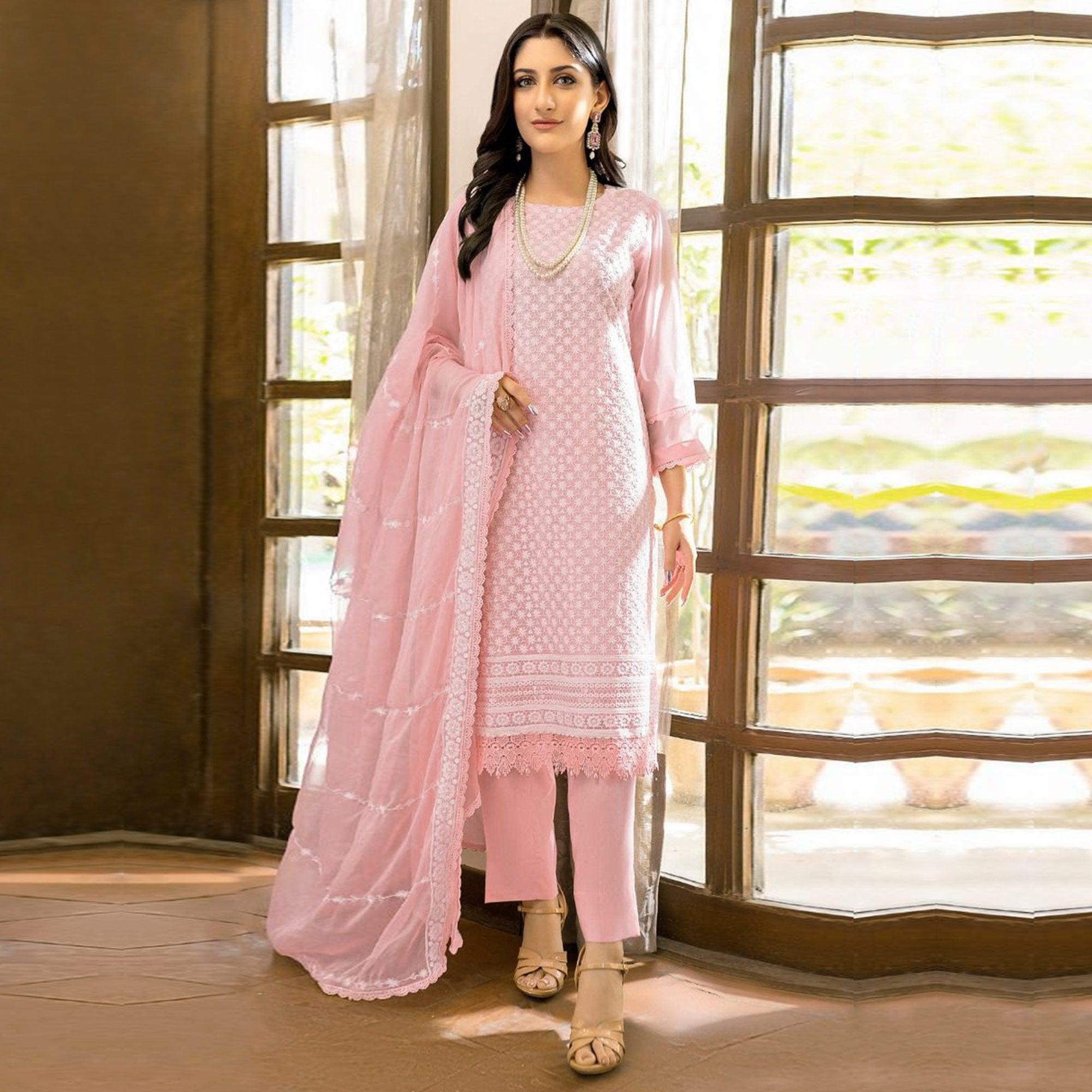 Pink Lucknowi Embroidered Georgette Pakistani Suit - Peachmode
