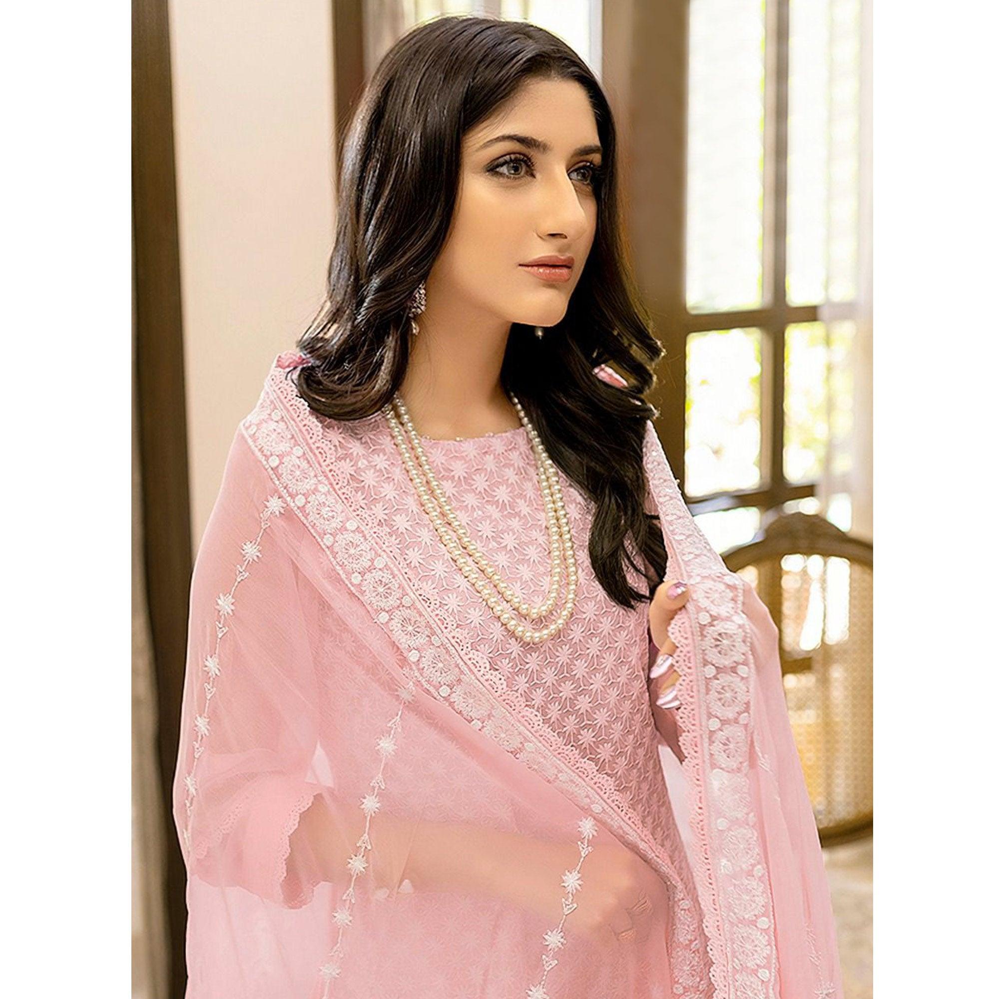 Pink Lucknowi Embroidered Georgette Pakistani Suit - Peachmode