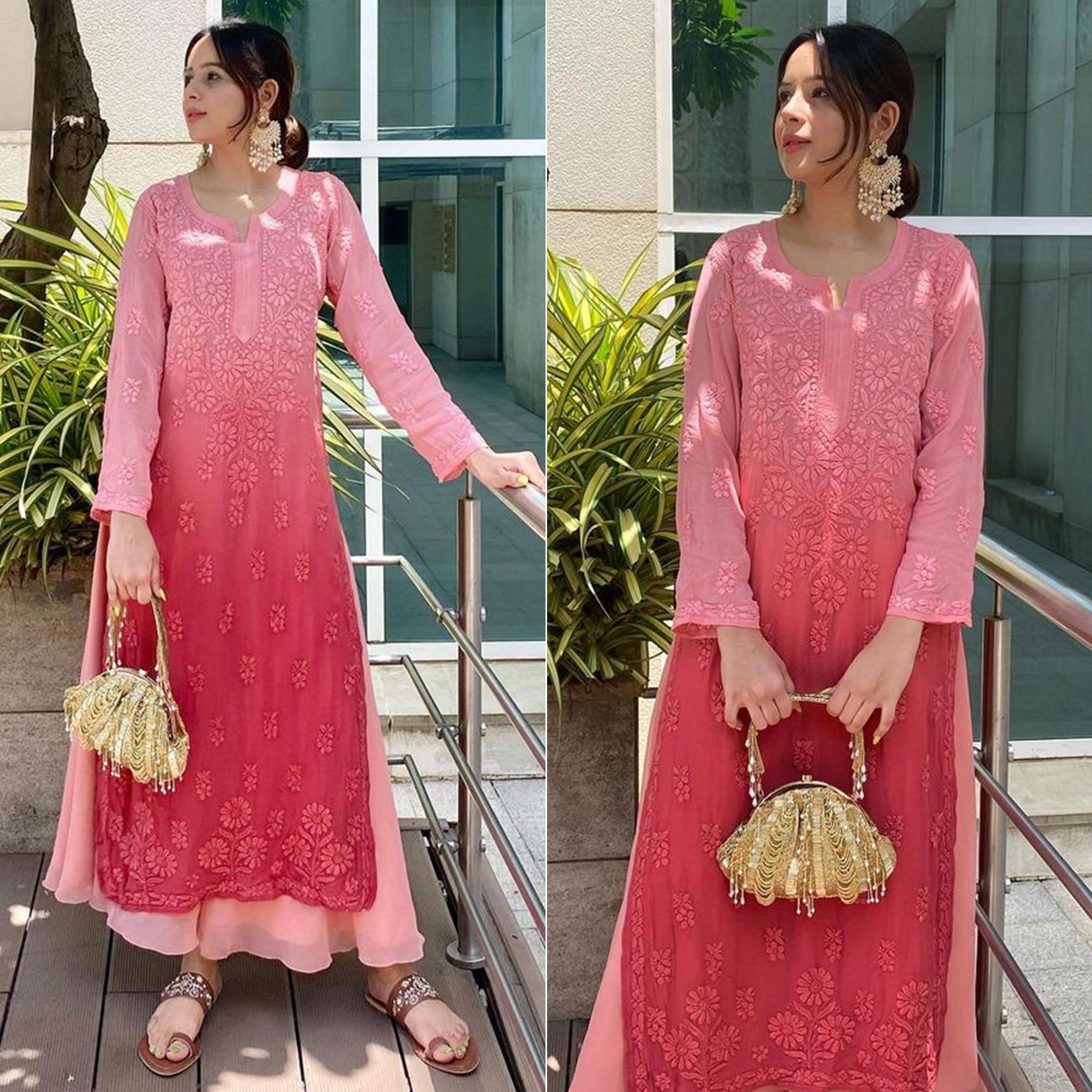 Pink Lucknowi Embroidered Georgette Palazzo Suit - Peachmode