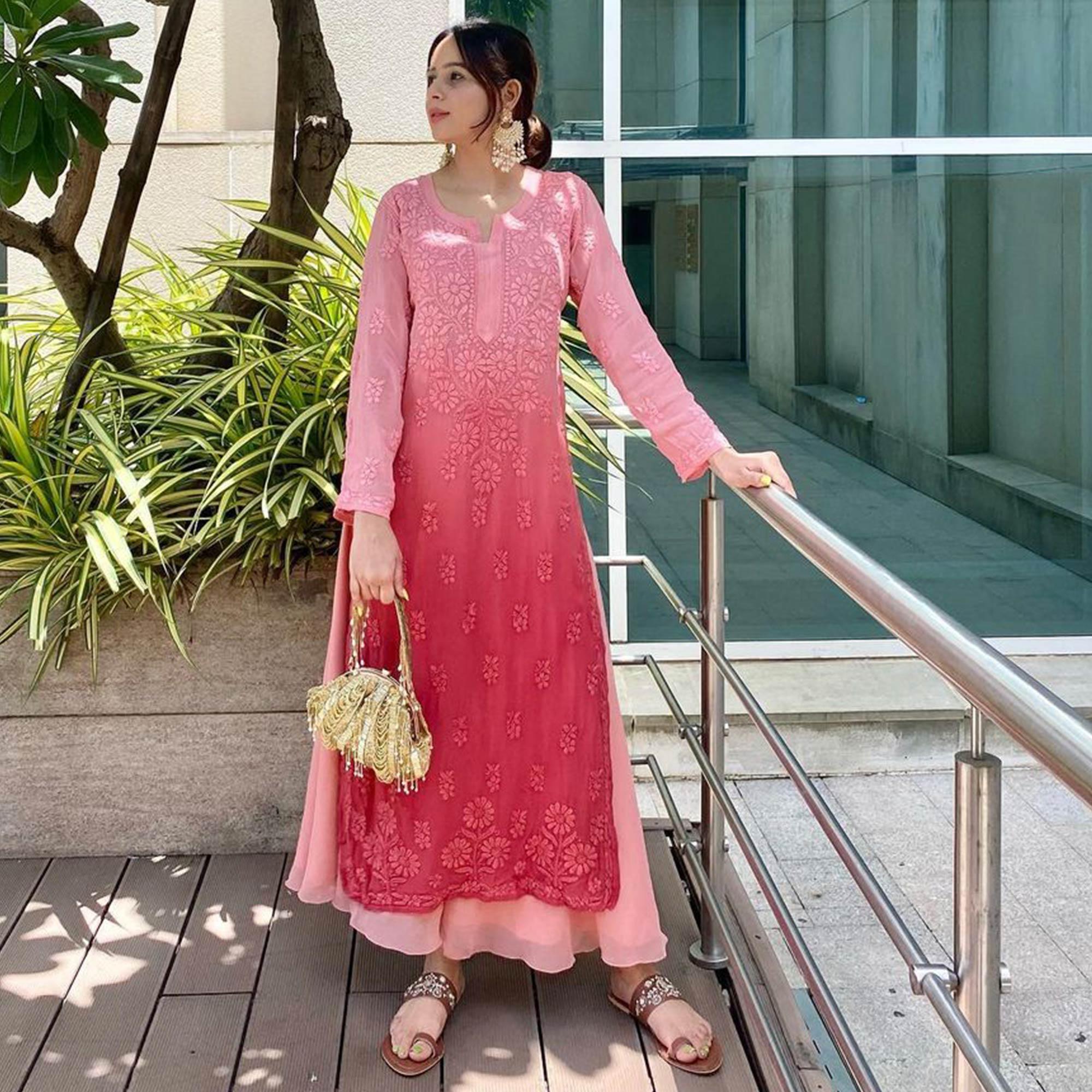 Pink Lucknowi Embroidered Georgette Palazzo Suit - Peachmode