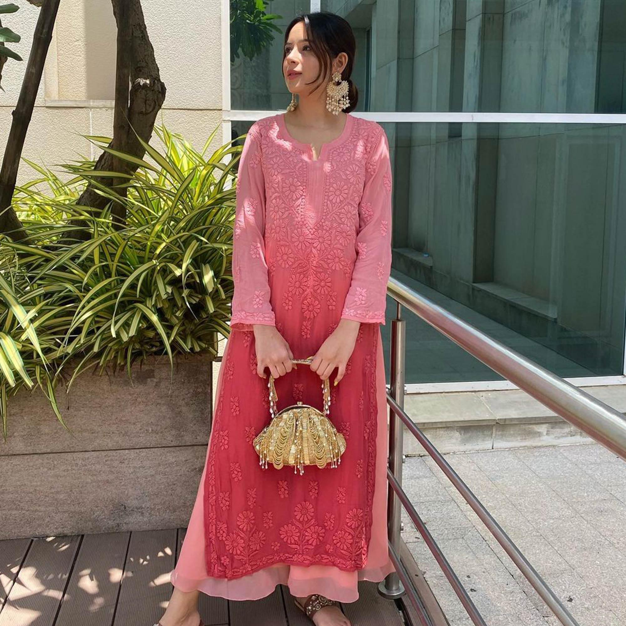 Pink Lucknowi Embroidered Georgette Palazzo Suit - Peachmode