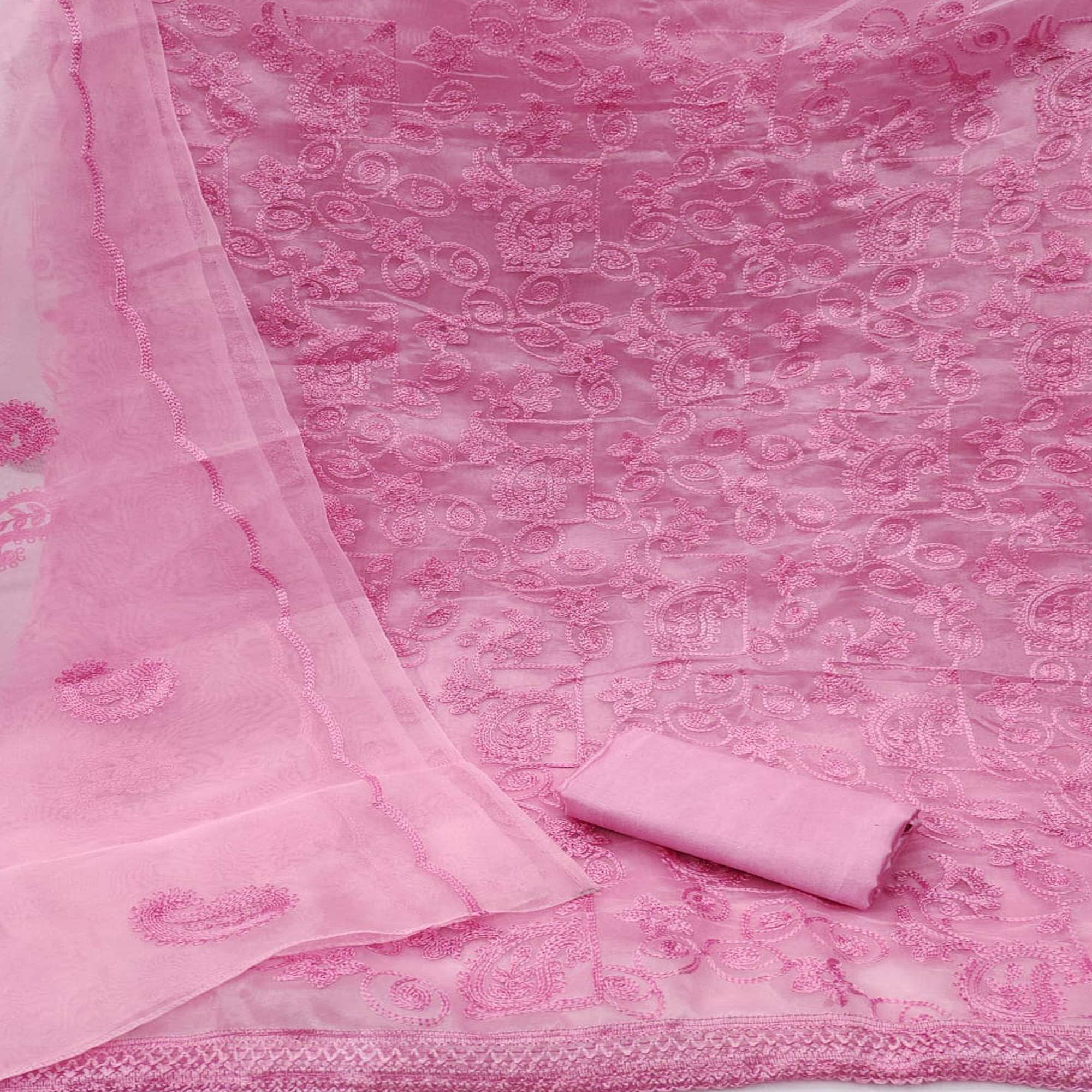 Pink Lucknowi Embroidered Organza Dress Material - Peachmode