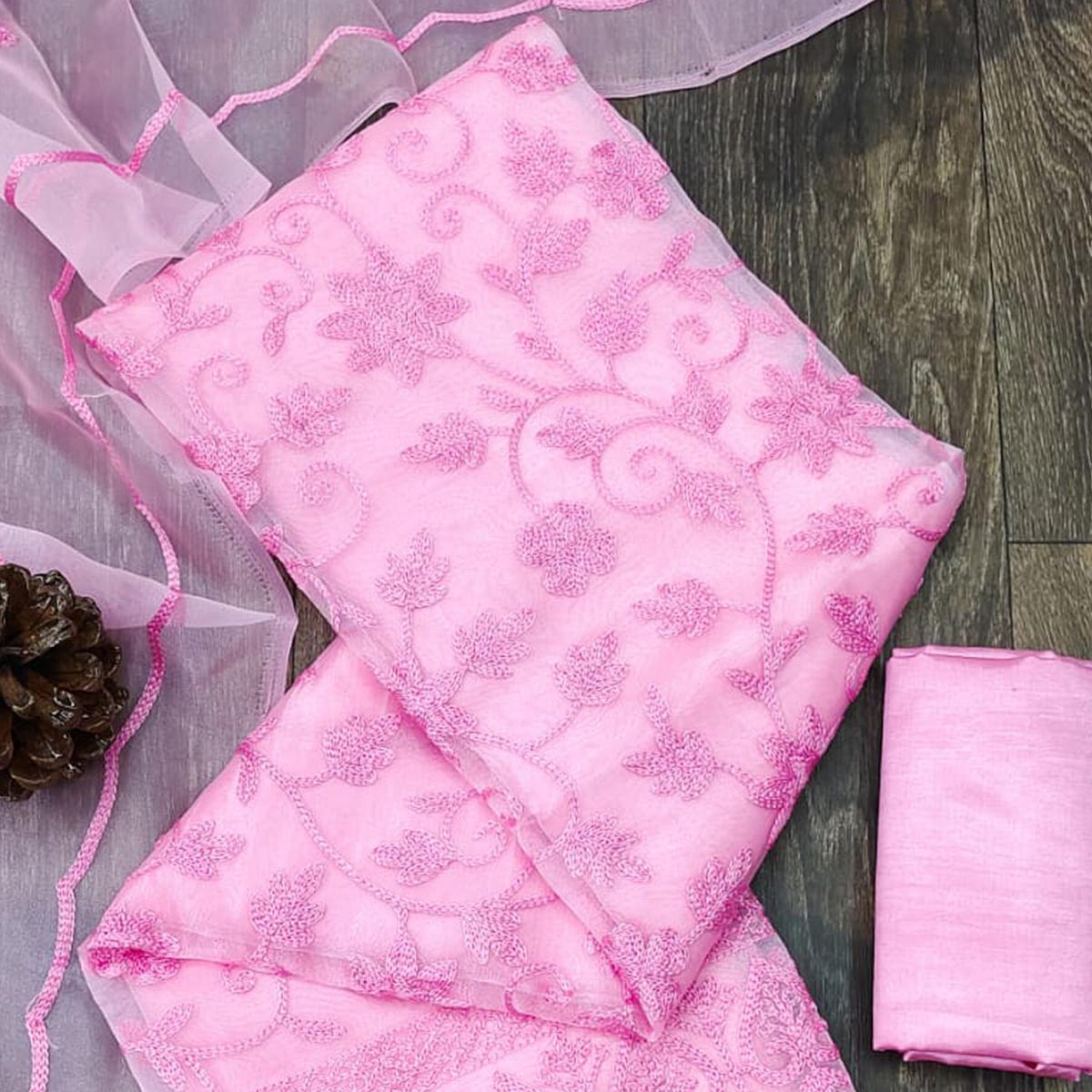 Pink Lucknowi Embroidered Organza Dress Material - Peachmode