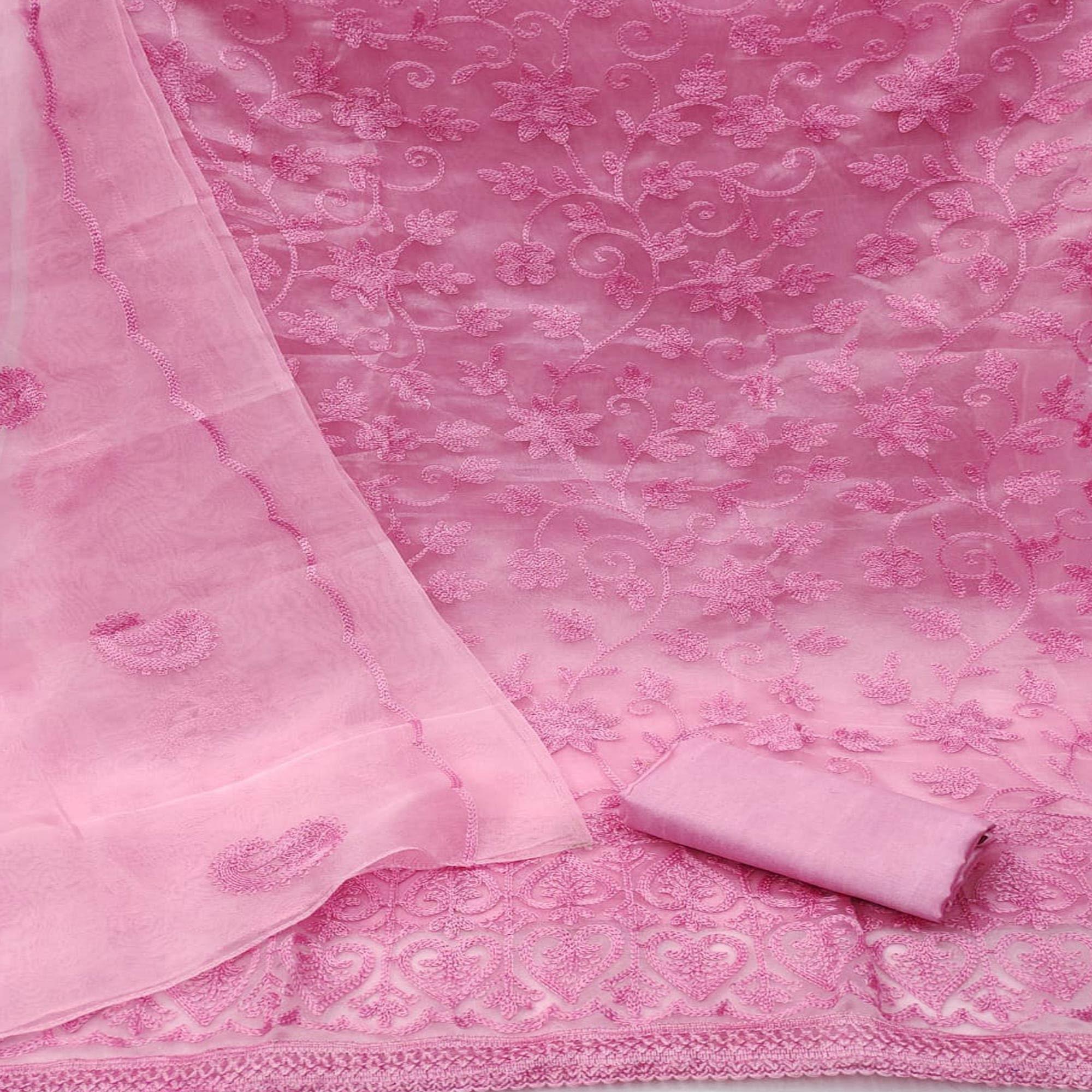 Pink Lucknowi Embroidered Organza Dress Material - Peachmode