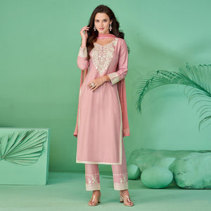 Pink Lucknowi Embroidered Rayon Kurti Pant Set With Dupatta - Peachmode