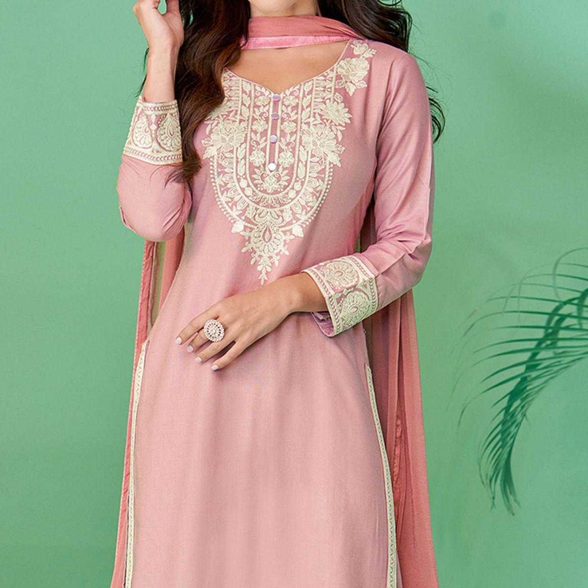 Pink Lucknowi Embroidered Rayon Kurti Pant Set With Dupatta - Peachmode