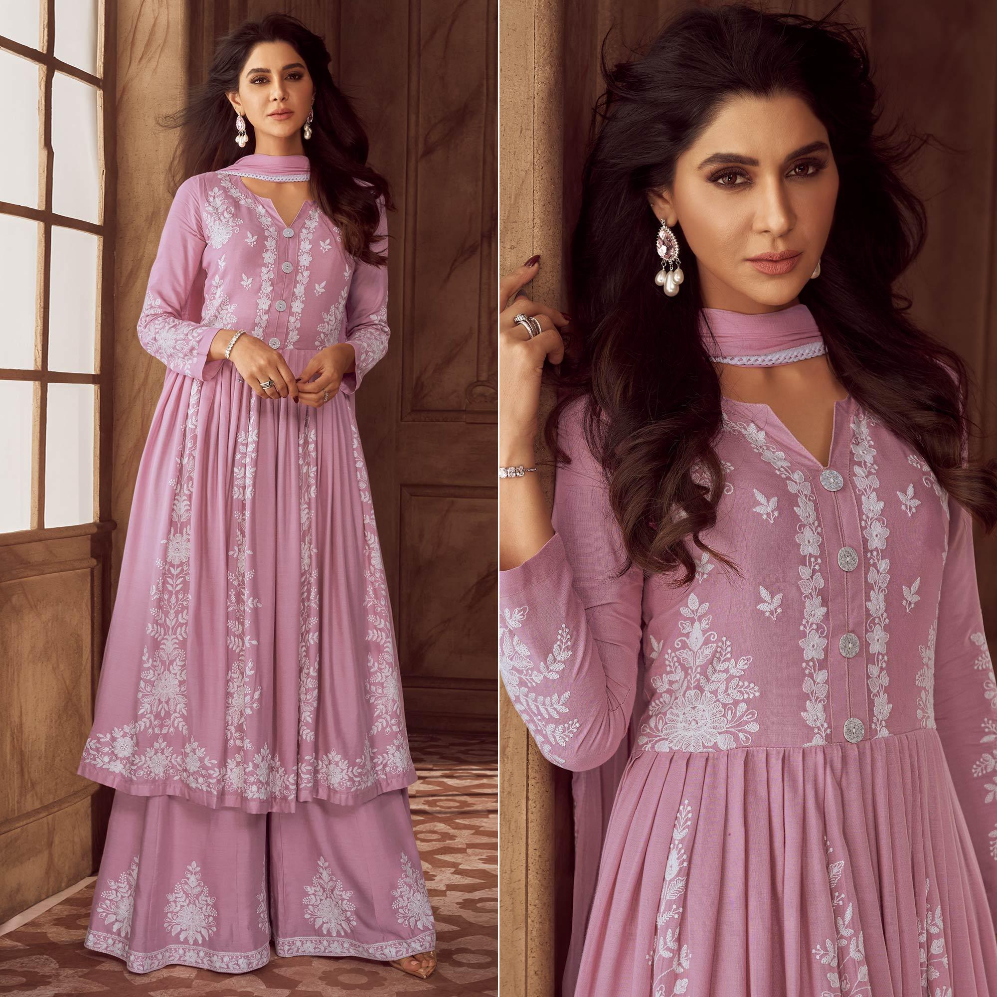 Pink Lucknowi Embroidered Rayon Palazzo Suit - Peachmode