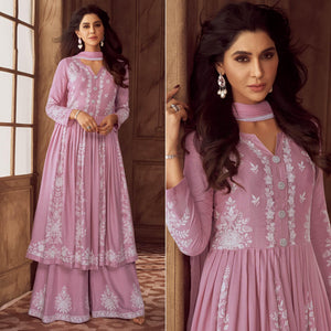 Pink Lucknowi Embroidered Rayon Palazzo Suit - Peachmode