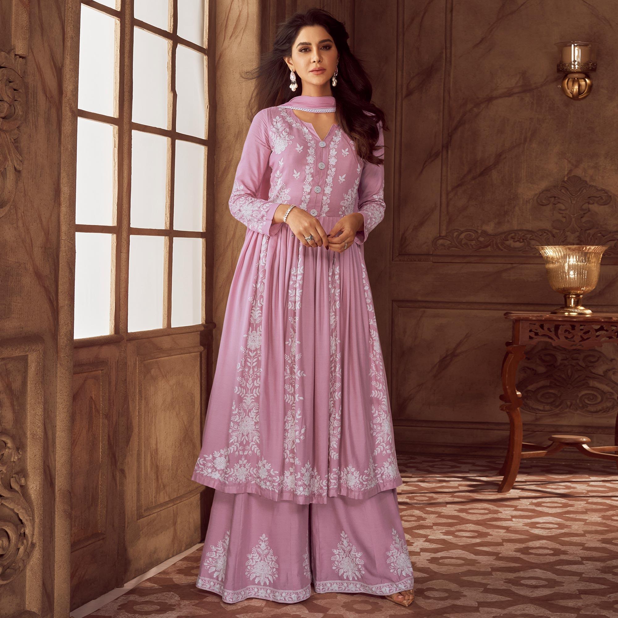 Pink Lucknowi Embroidered Rayon Palazzo Suit - Peachmode