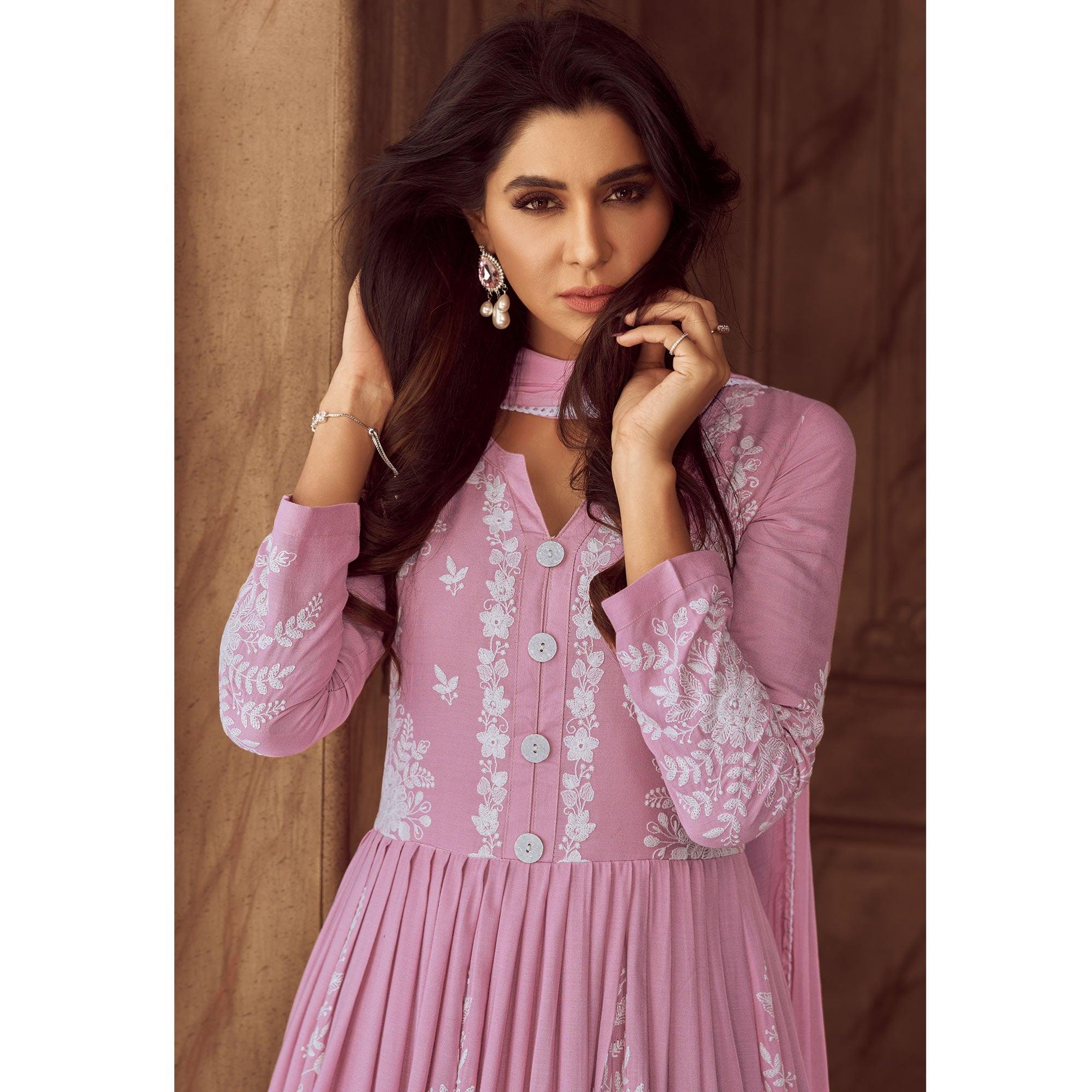 Pink Lucknowi Embroidered Rayon Palazzo Suit - Peachmode