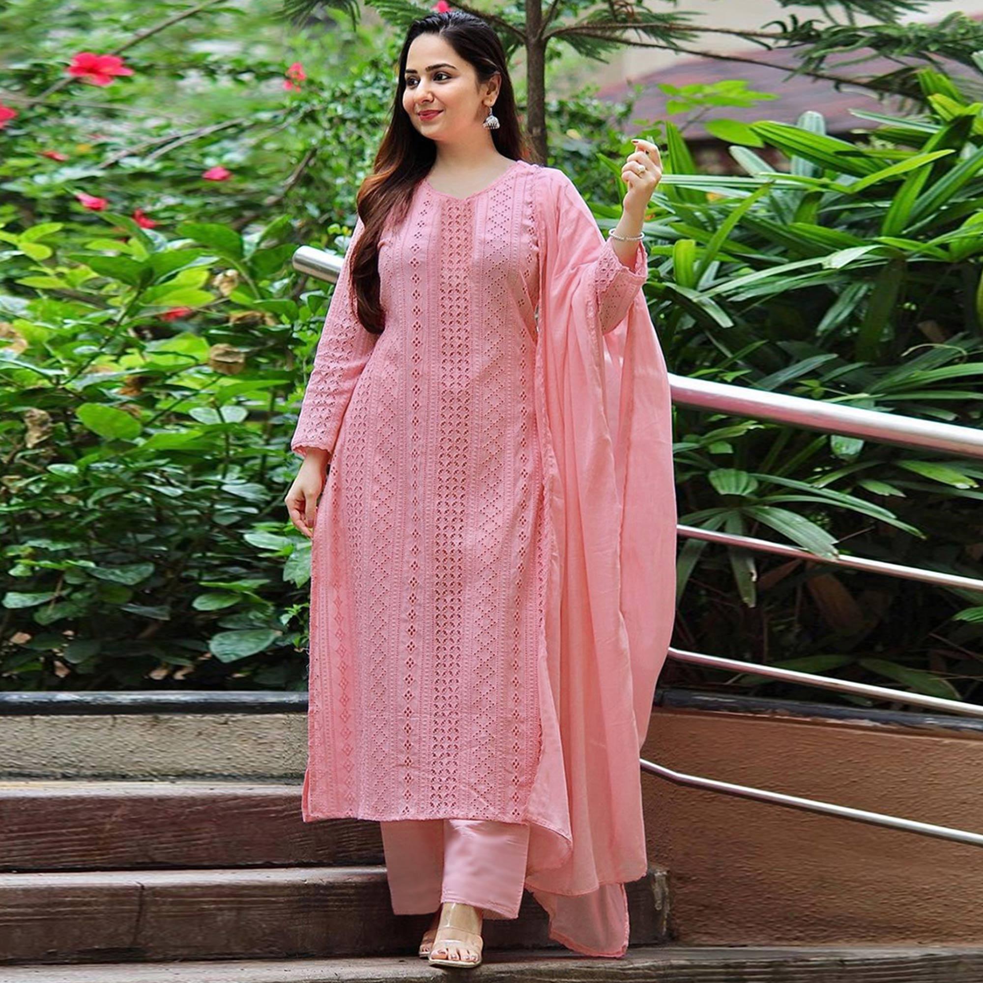 Pink Lucknowi Embroidered Rayon Suit - Peachmode