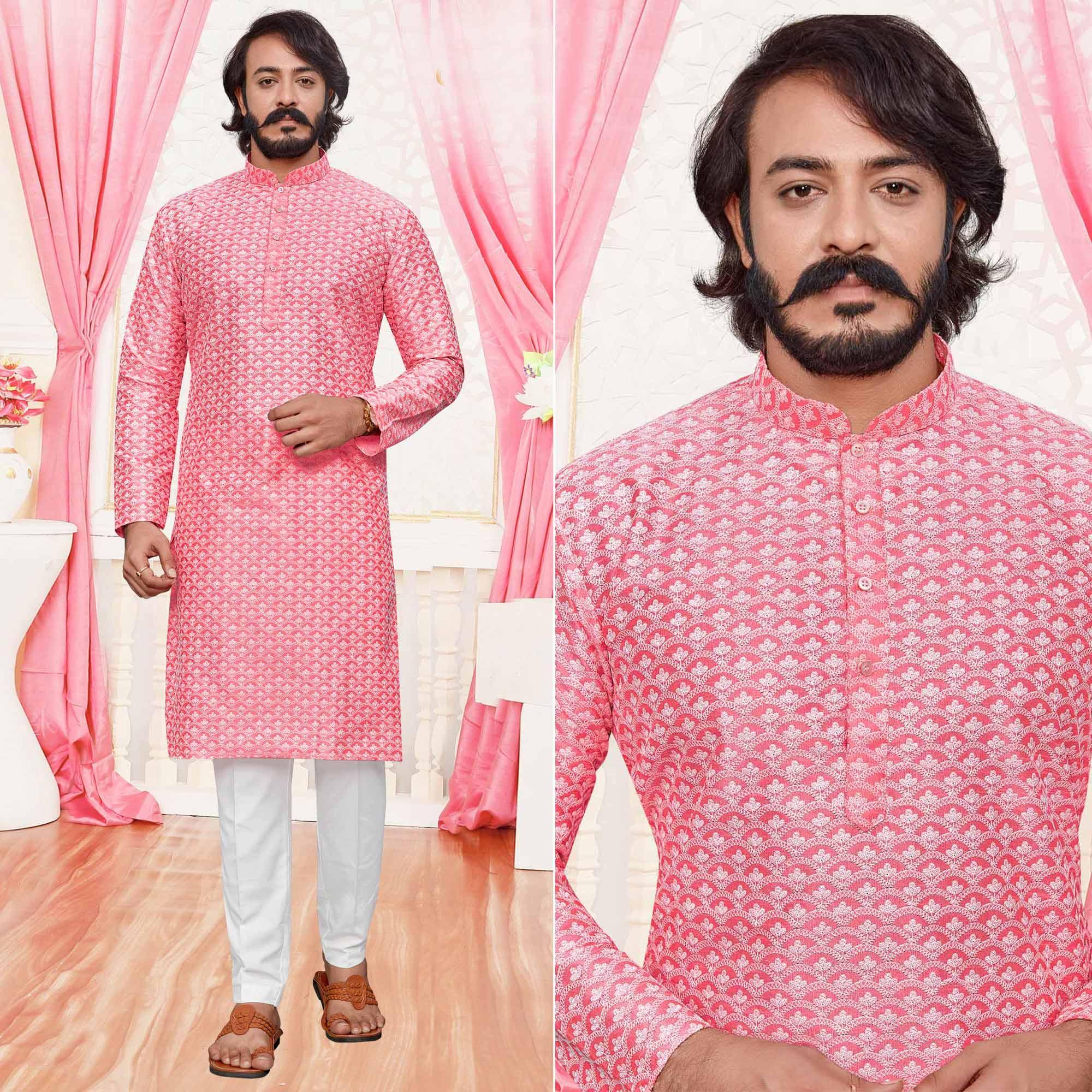 Pink Lucknowi Work Art Silk Kurta Pyjama Set - Peachmode