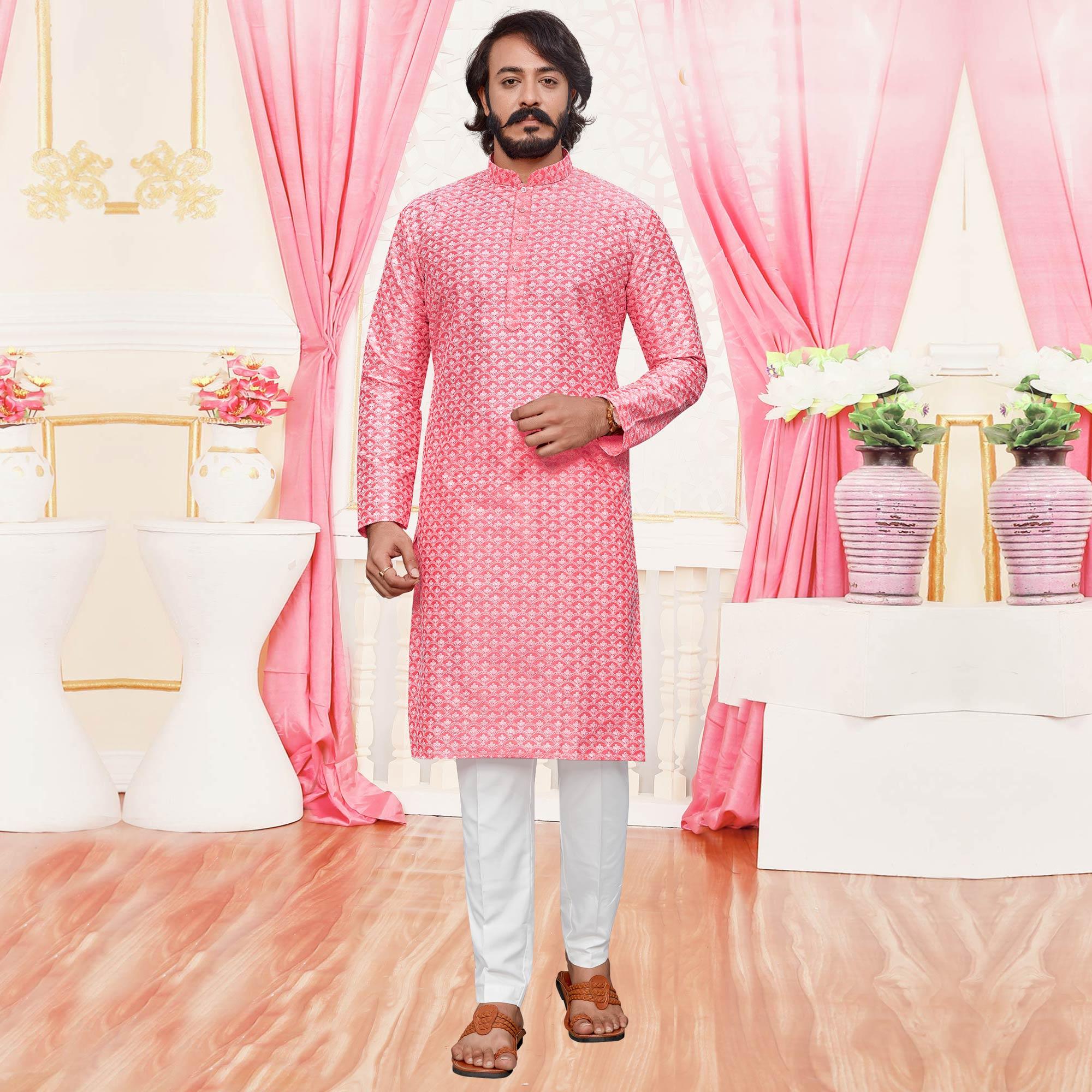 Pink Lucknowi Work Art Silk Kurta Pyjama Set - Peachmode