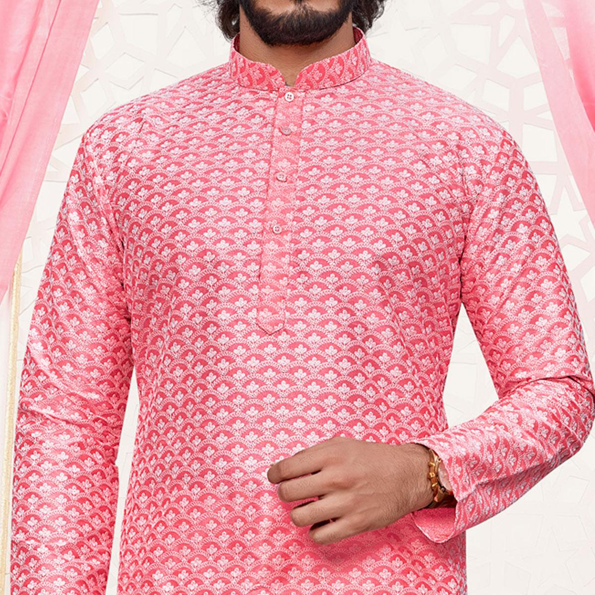 Pink Lucknowi Work Art Silk Kurta Pyjama Set - Peachmode
