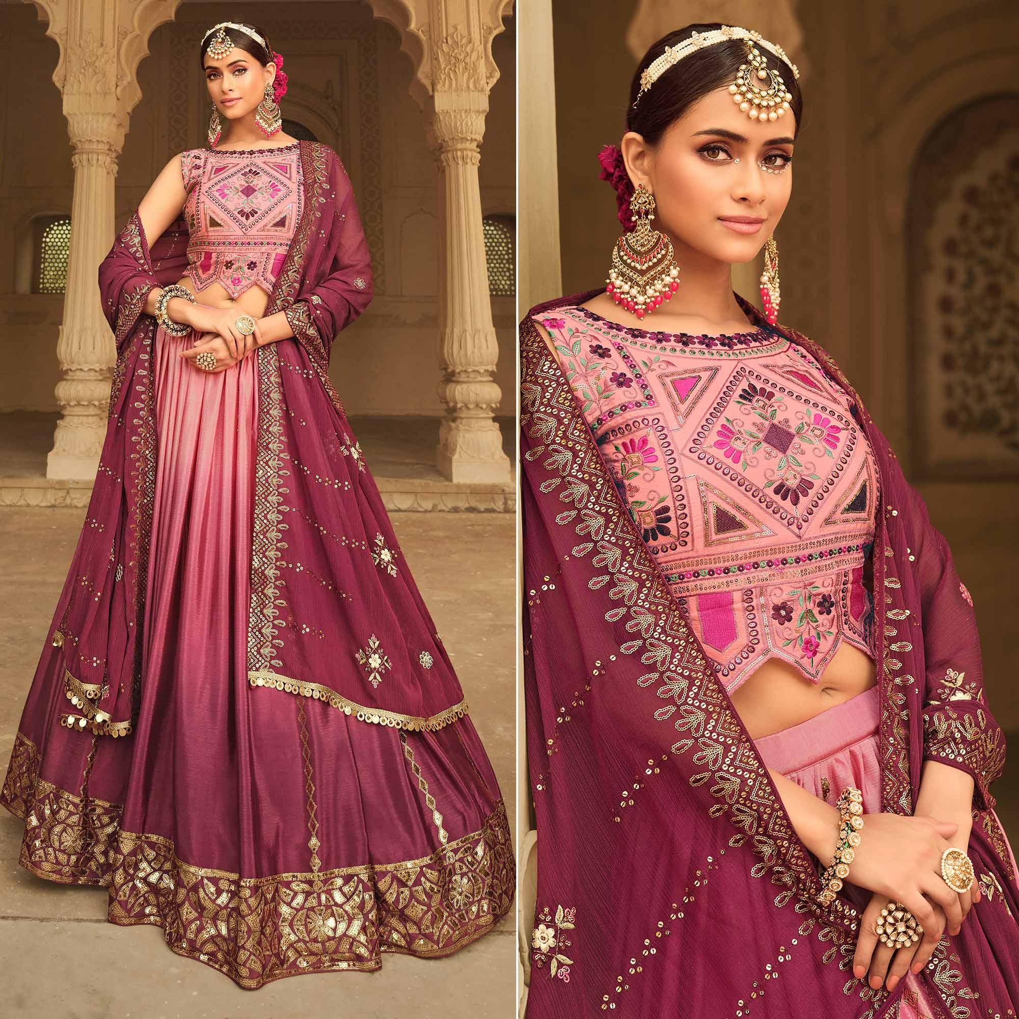 Pink-Magenta Sequence Embroidered Art Silk Lehenga Choli - Peachmode
