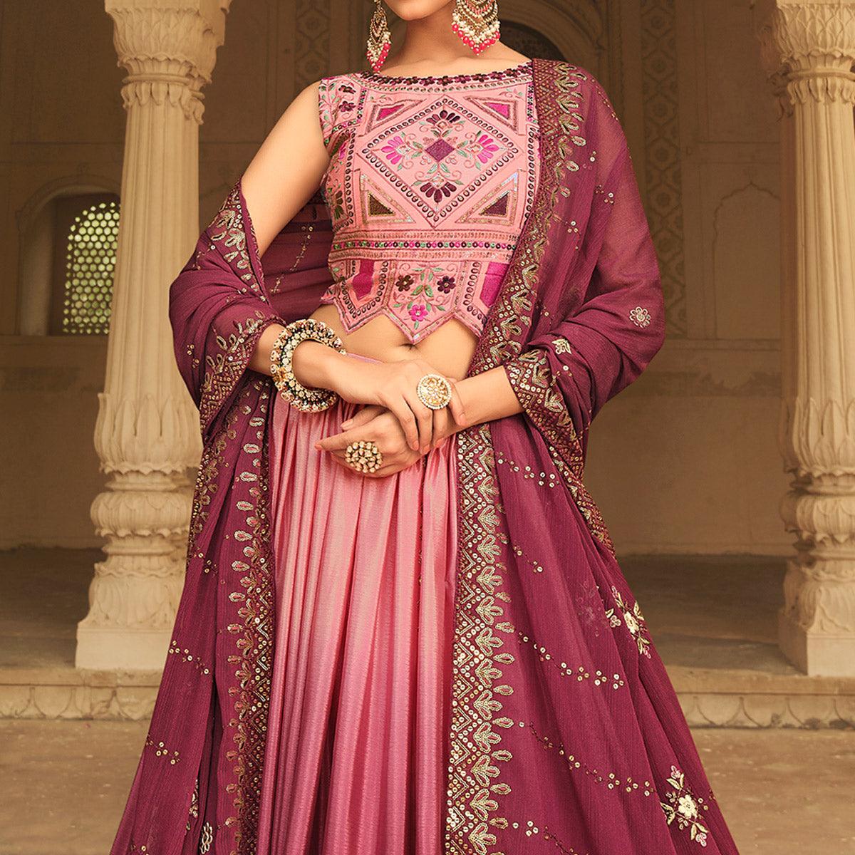 Pink-Magenta Sequence Embroidered Art Silk Lehenga Choli - Peachmode
