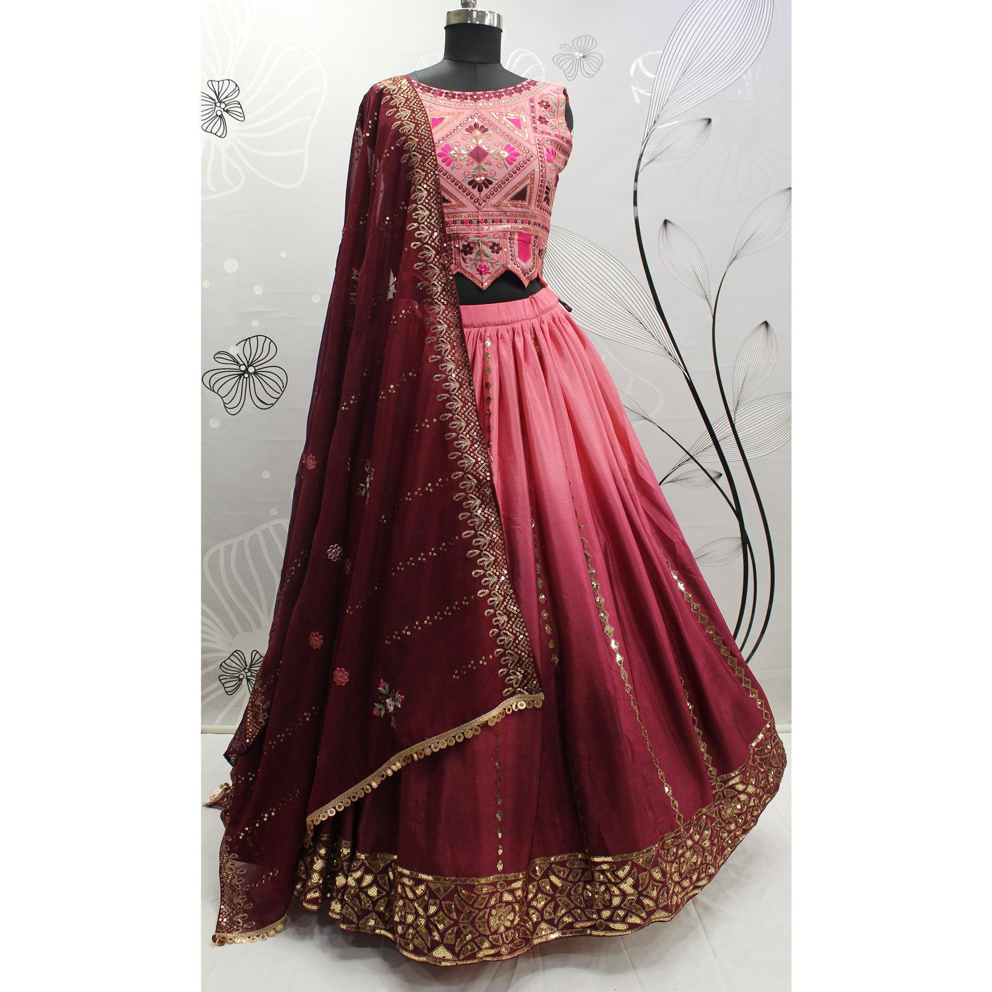 Pink-Magenta Sequence Embroidered Art Silk Lehenga Choli - Peachmode