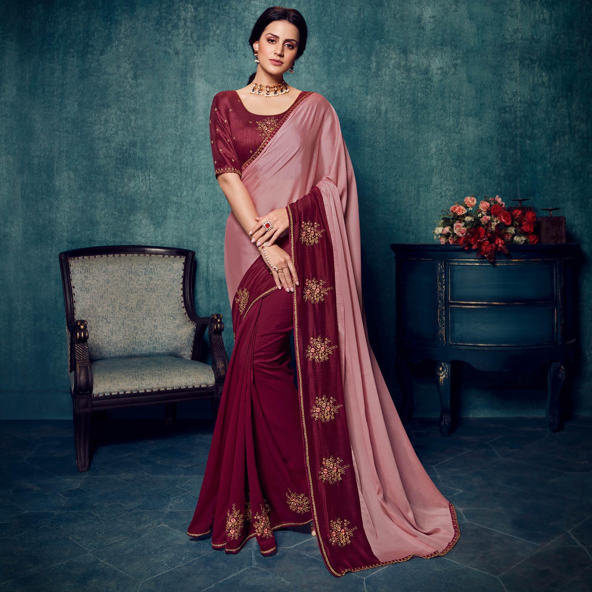 Pink - Maroon Festive Wear Embroidered Silk Half Half Saree - Peachmode