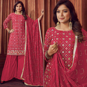 Pink Mirror & Sequence Embroidered Georgette Sharara Suit - Peachmode