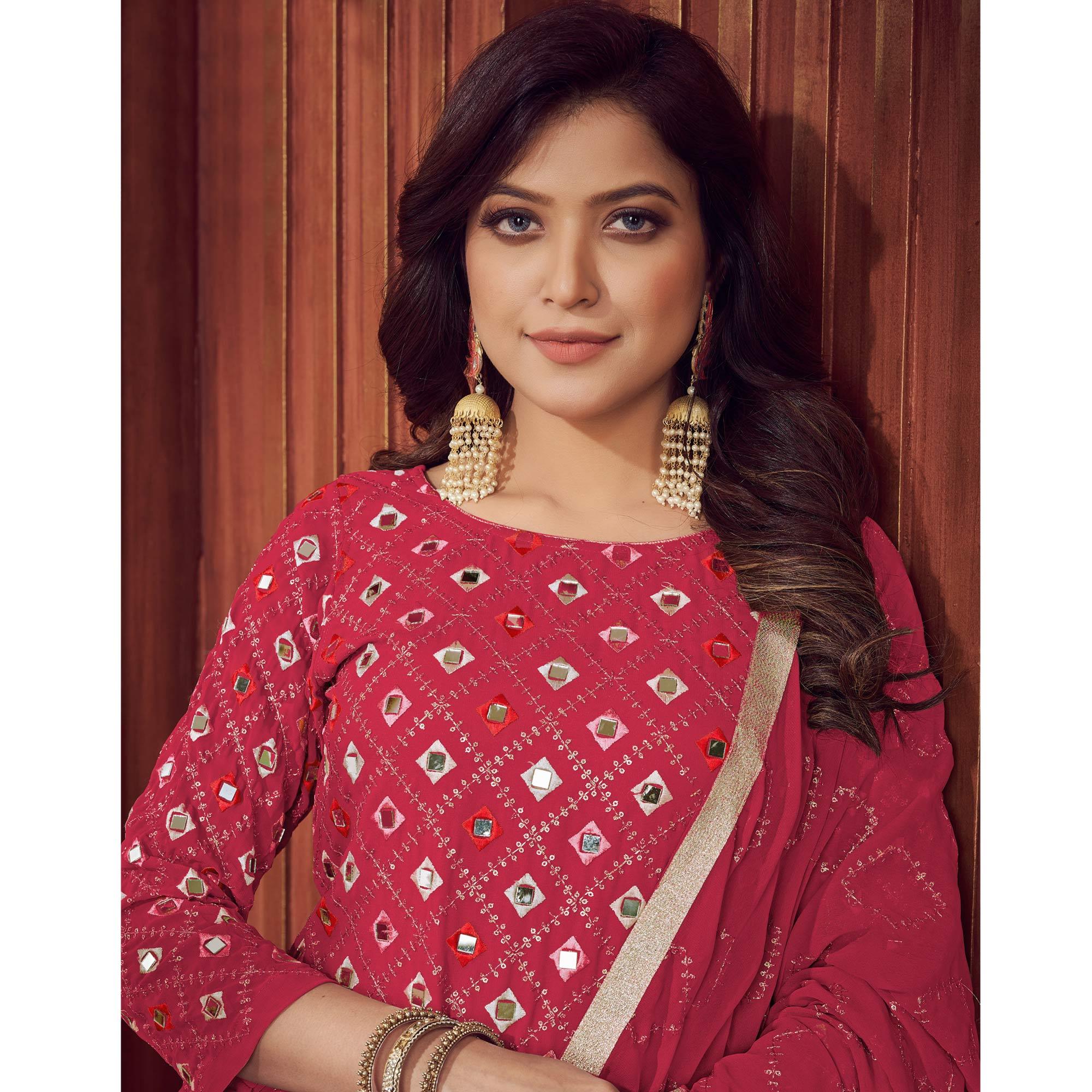 Pink Mirror & Sequence Embroidered Georgette Sharara Suit - Peachmode